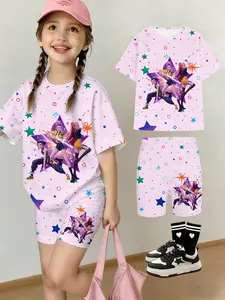 Girls' Summer Group Series T-Shirt Shorts Set, Summer Outfits Set, Colorful Dot Starlight Cartoon Print, Casual Streetwear, Perfect Gift for Kids, Outdoor Wear