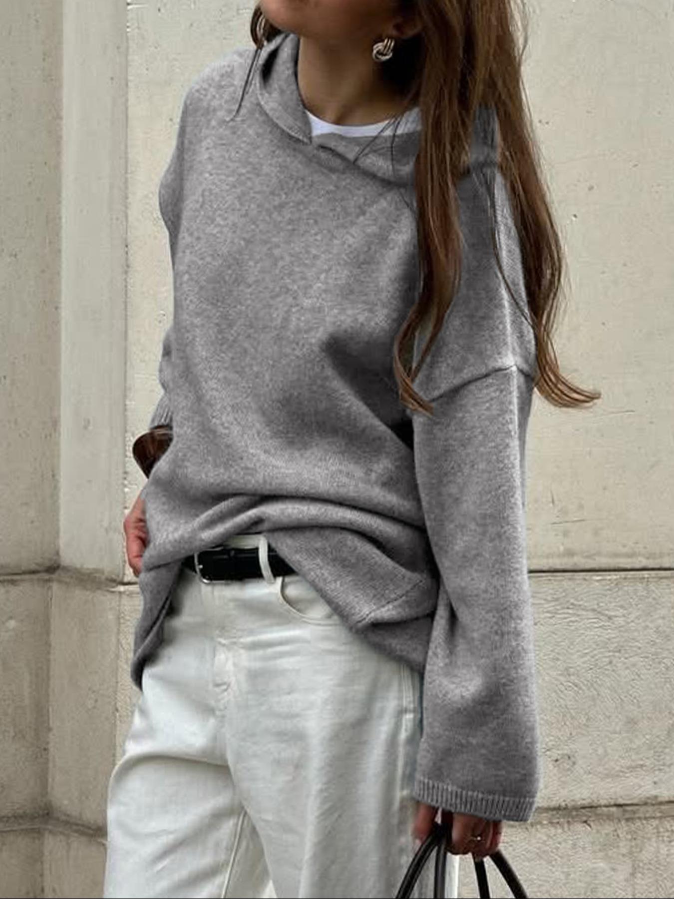 Casual Solid Color Hooded Knit Sweater, Thin Fabric Fitted Style Knitwear for Fall, Comfortable and Stylish Pullover, Women's Clothing