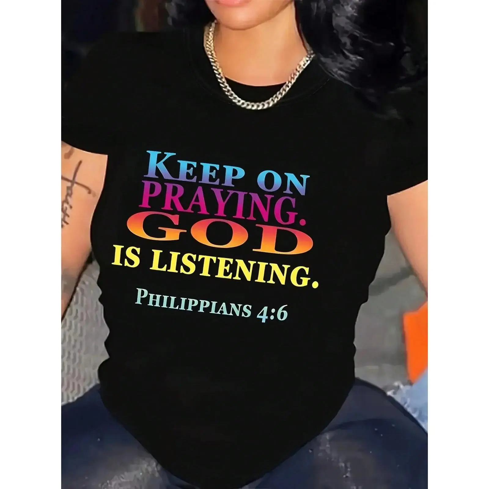Women's Inspirational Cotton Retro Short-Sleeve Crew Neck Top, 'Continue To Pray, God Is Hearing' Message, Philippians 4:6-5 Bible Verse, Colorful Lettering, All-Season Comfort, Machine Washable (Day Wear)