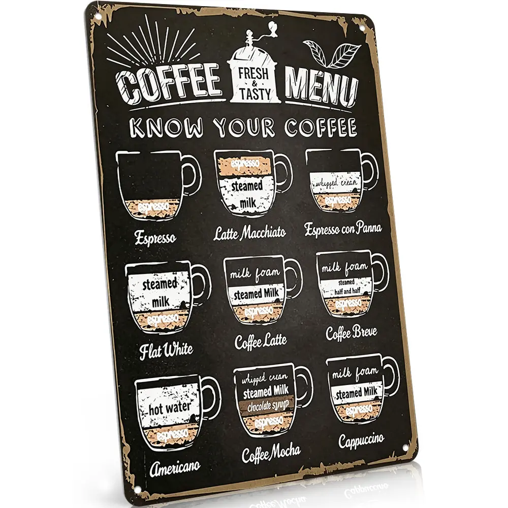 Coffee Menu Guide Vintage Chalkboard Sign, 8"x12", Rust-Proof Aluminum Metal Sign, Retro Kitchen & Cafe Decor, Coffee Lover Artwork, Vintage Style, For Coffee Bar & Dining Room Display, Baristas & Home Brewers, Perfect Housewarming Gift