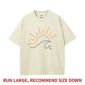 Minimalist Sun And Wave Boho Beach Summer Surf Aesthetic Heavyweight Boxy Fit T-Shirt Vintage Washed Extremely Oversized Pure Cotton Graphic Tee