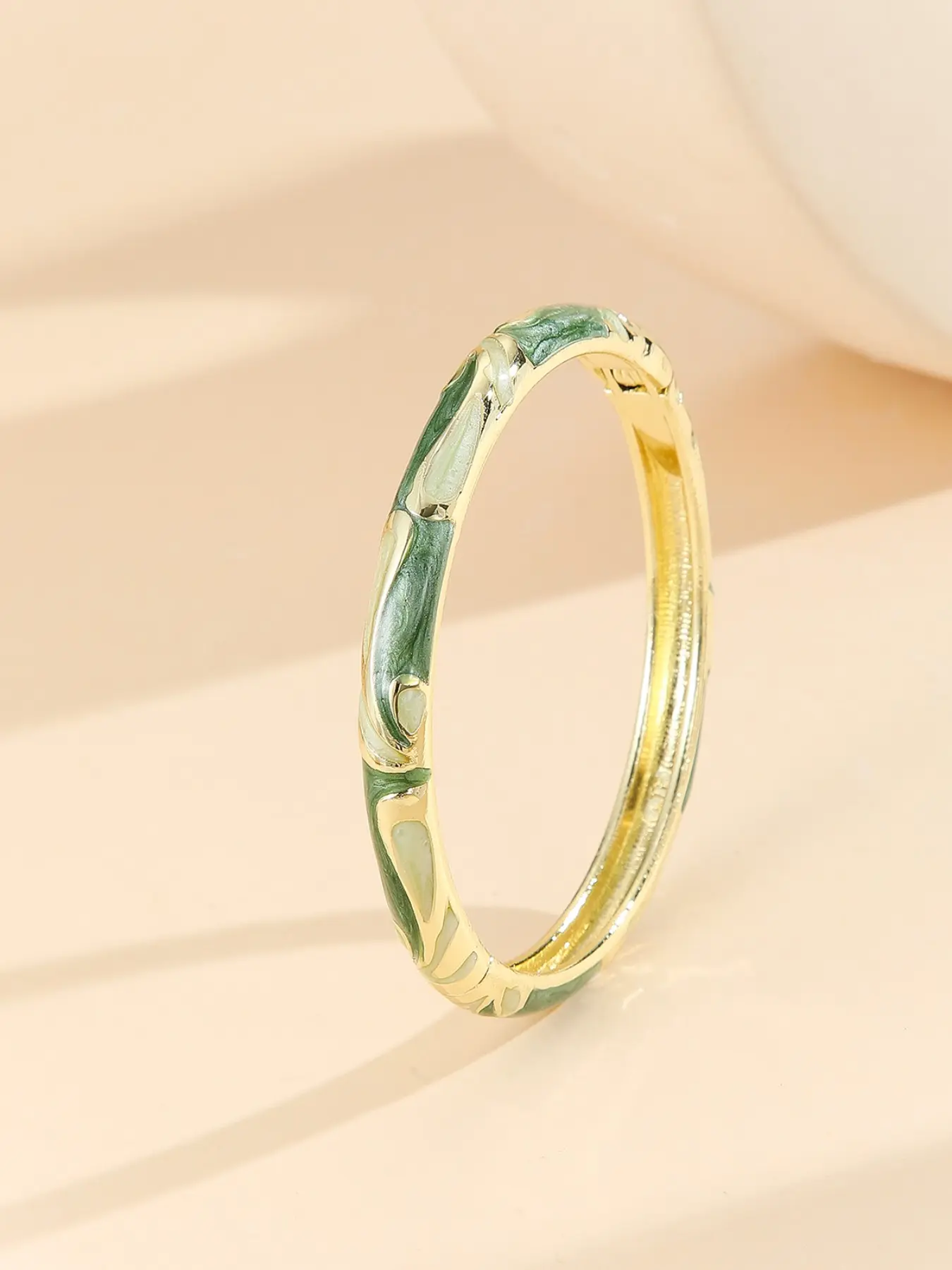 Cloisonné Style Hinged Enamel Bangle for Women, Gold Plated Bamboo Joint Pattern Cuff with Marble Texture, Elegant Vintage Jewelry Gift