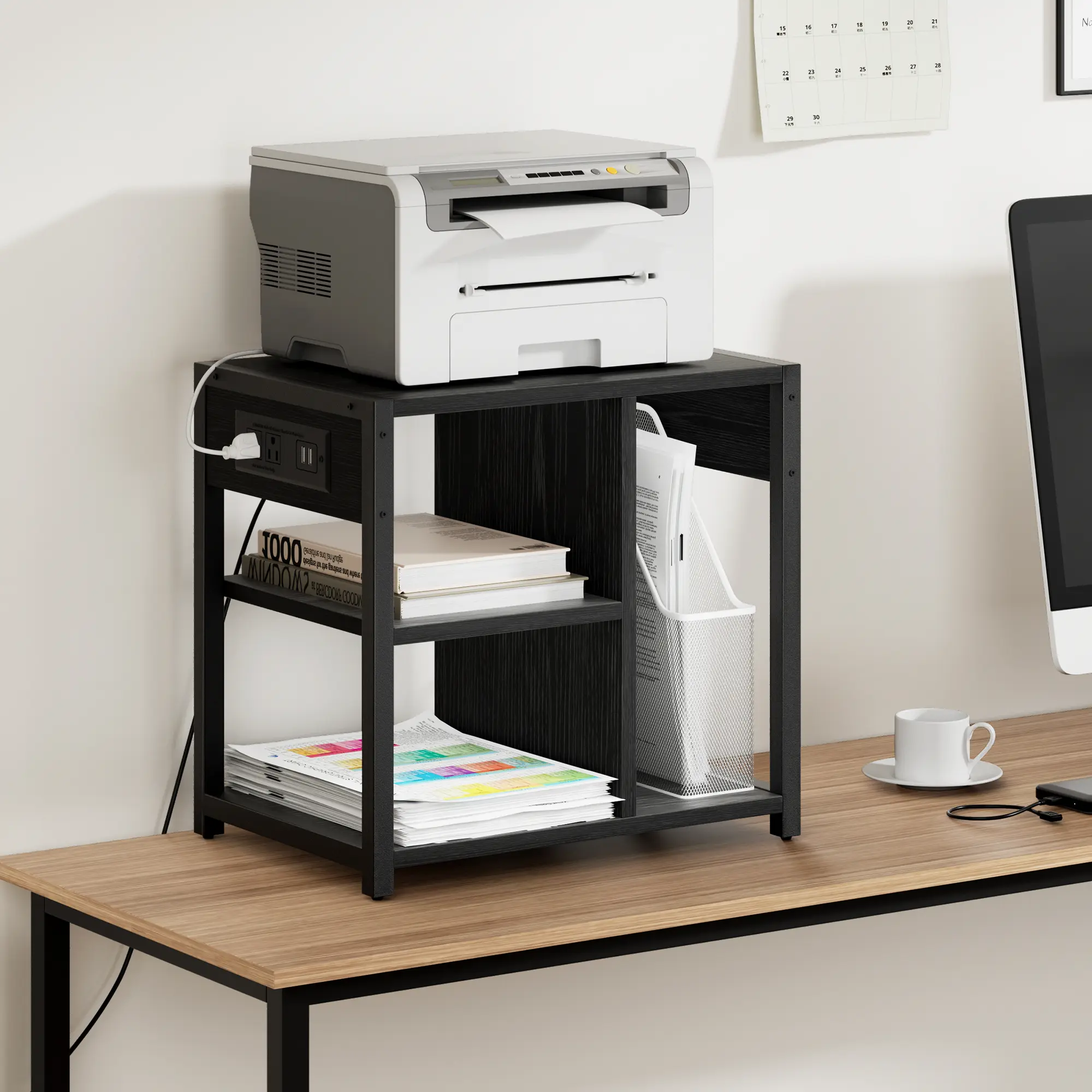 Rolling Printer Stand with Power Outlets & USB Charging Ports – 3-Tier Rolling Cart with Storage Shelf, Lockable Wheels, Space-Saving Organizer for Home Office