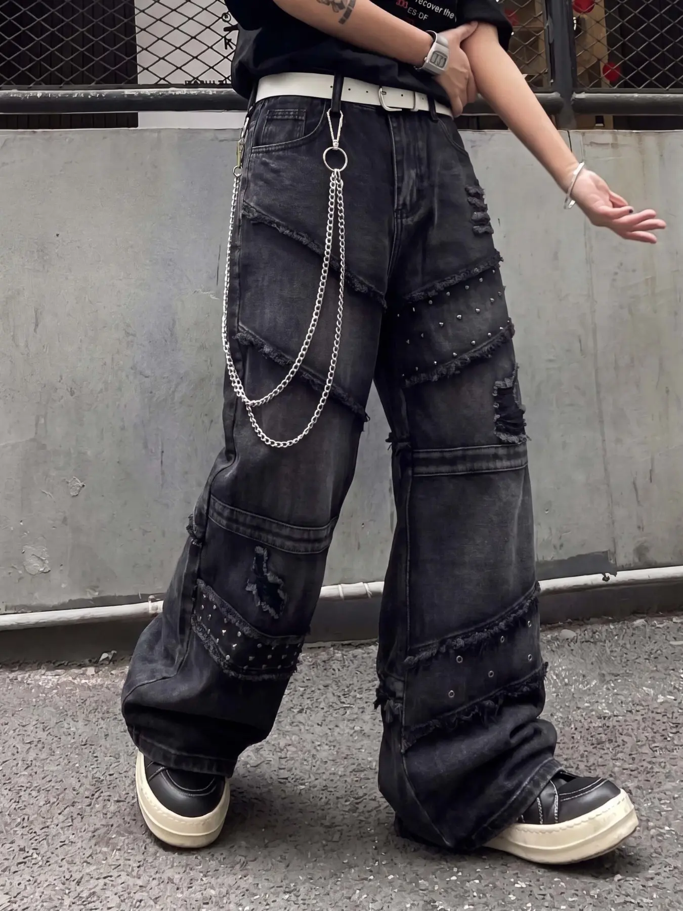 Men’s Black Straight Leg Denim Jeans, Multi-Layer Frayed Patchwork With Rivet Ripped Details, Wasteland Punk Y2K Street Fashion Trousers