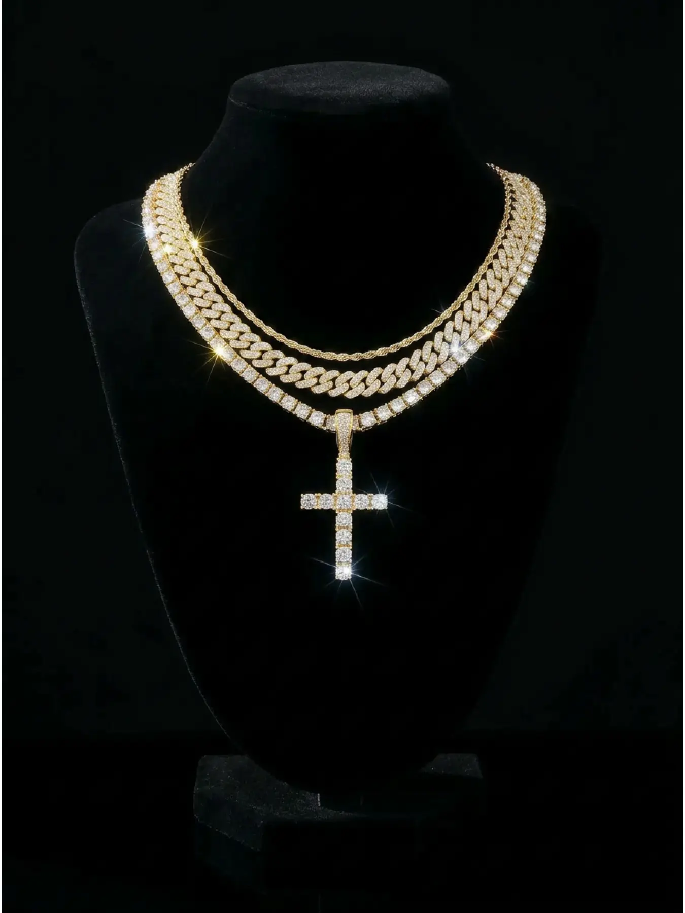 3pcs/set Iced Out Cross Pendant Necklace for Men, Layered Cuban Link & Tennis Chain, Hip Hop Fashion Jewelry, Statement Necklace