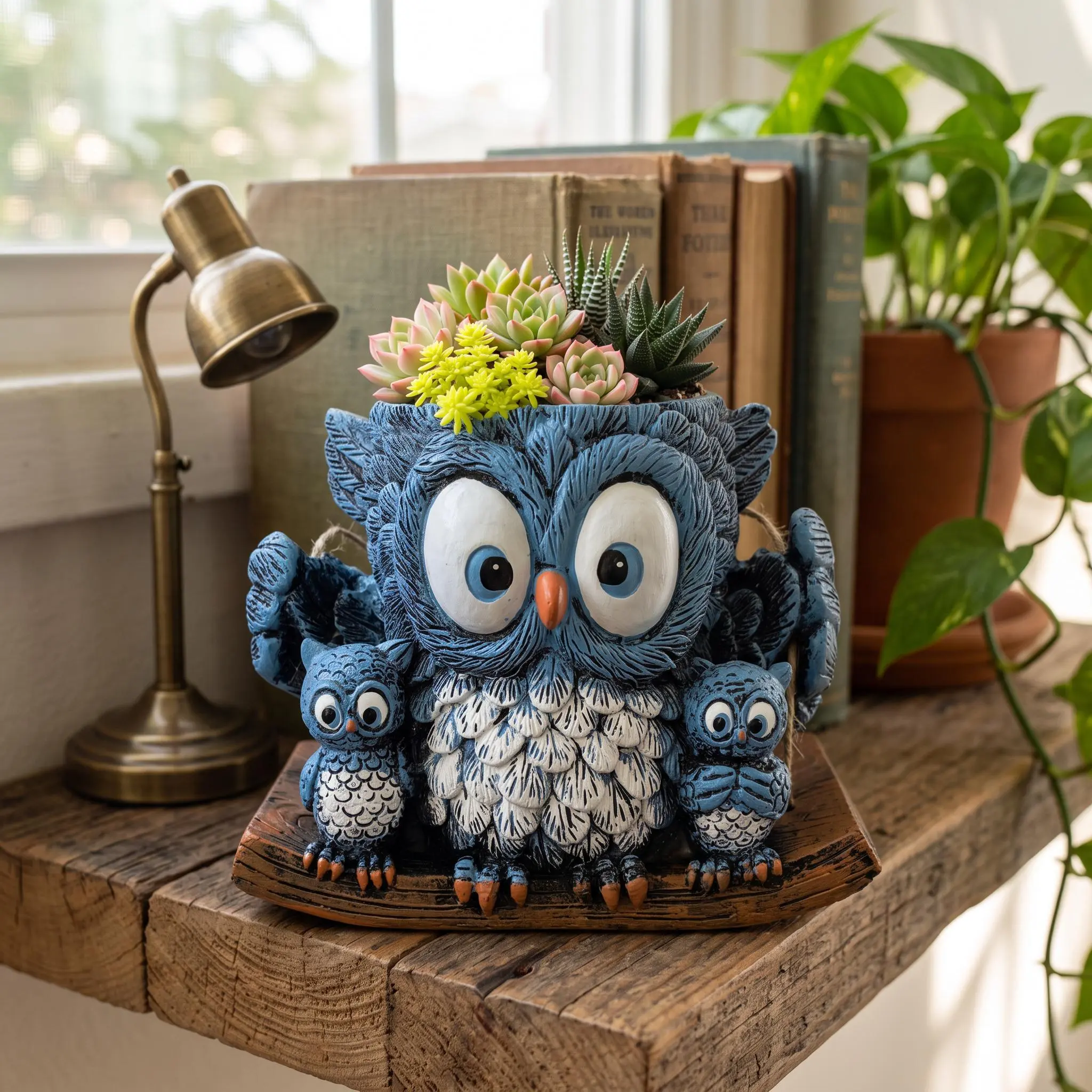 【IdealHouse】Owl Shape Resin Hanging Plant Holder, No-Drill Flower Pot With Natural Rope, 5.9x4.53x3.94 in Indoor Outdoor Decor For Window Patio Garden