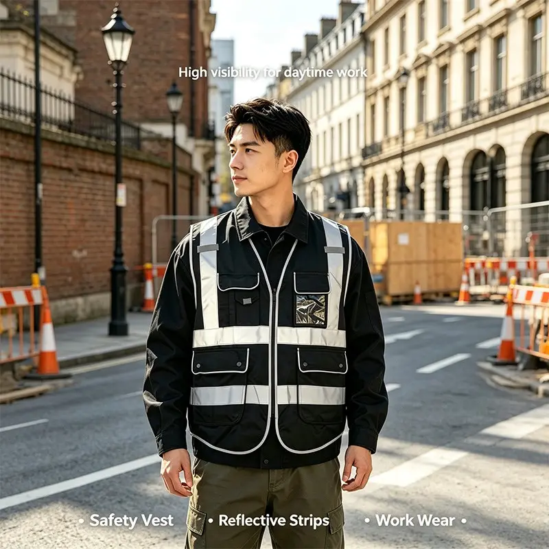 Unisex High Visibility Reflective Safety Vest, 9 Pockets, 4 Reflective Strips, Front Zip Design, Lightweight, Ideal for Construction & Outdoor Activities