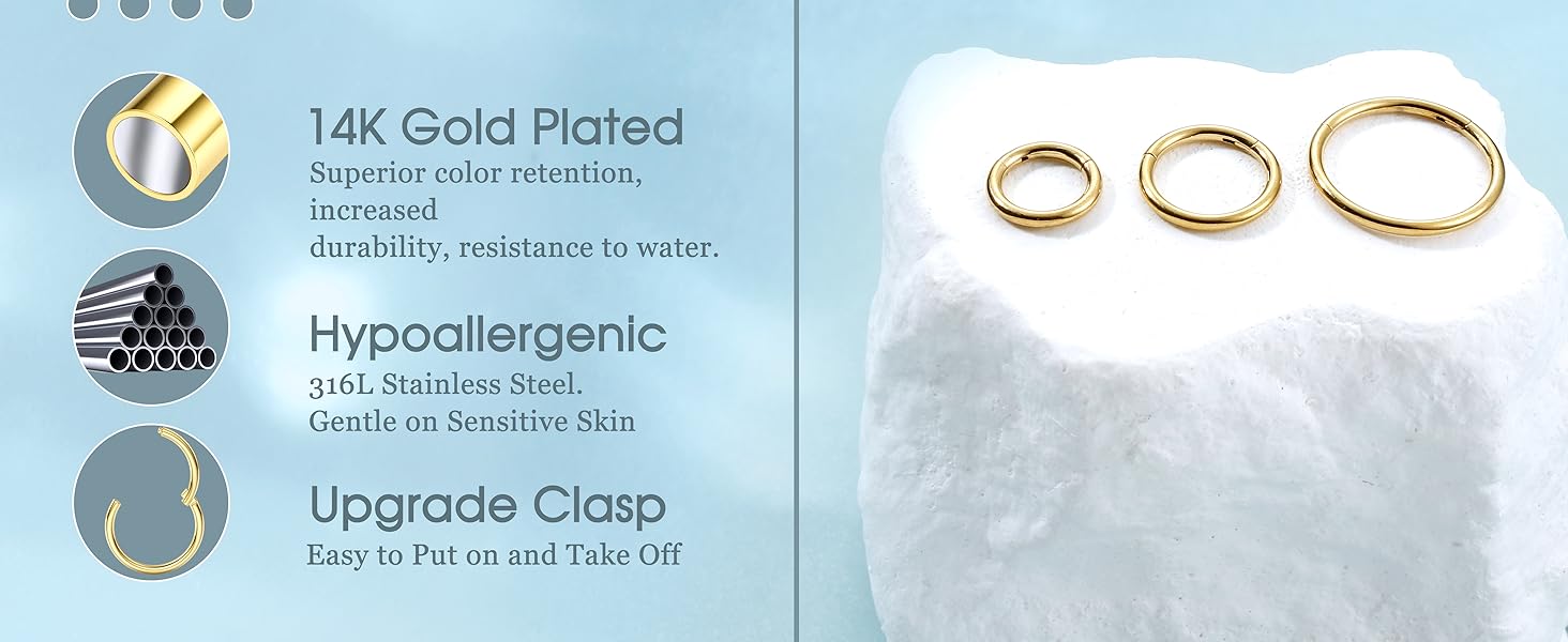 Jstyle 8 Pcs 16G 316L Surgical Steel Nose Rings Hoops Septum Rings Lip Rings Hypoallergenic Nose Clicker Ring Tragus Helix Cartilage Daith Rook Sleeper Earring Body Piercing Jewerly for Women Men