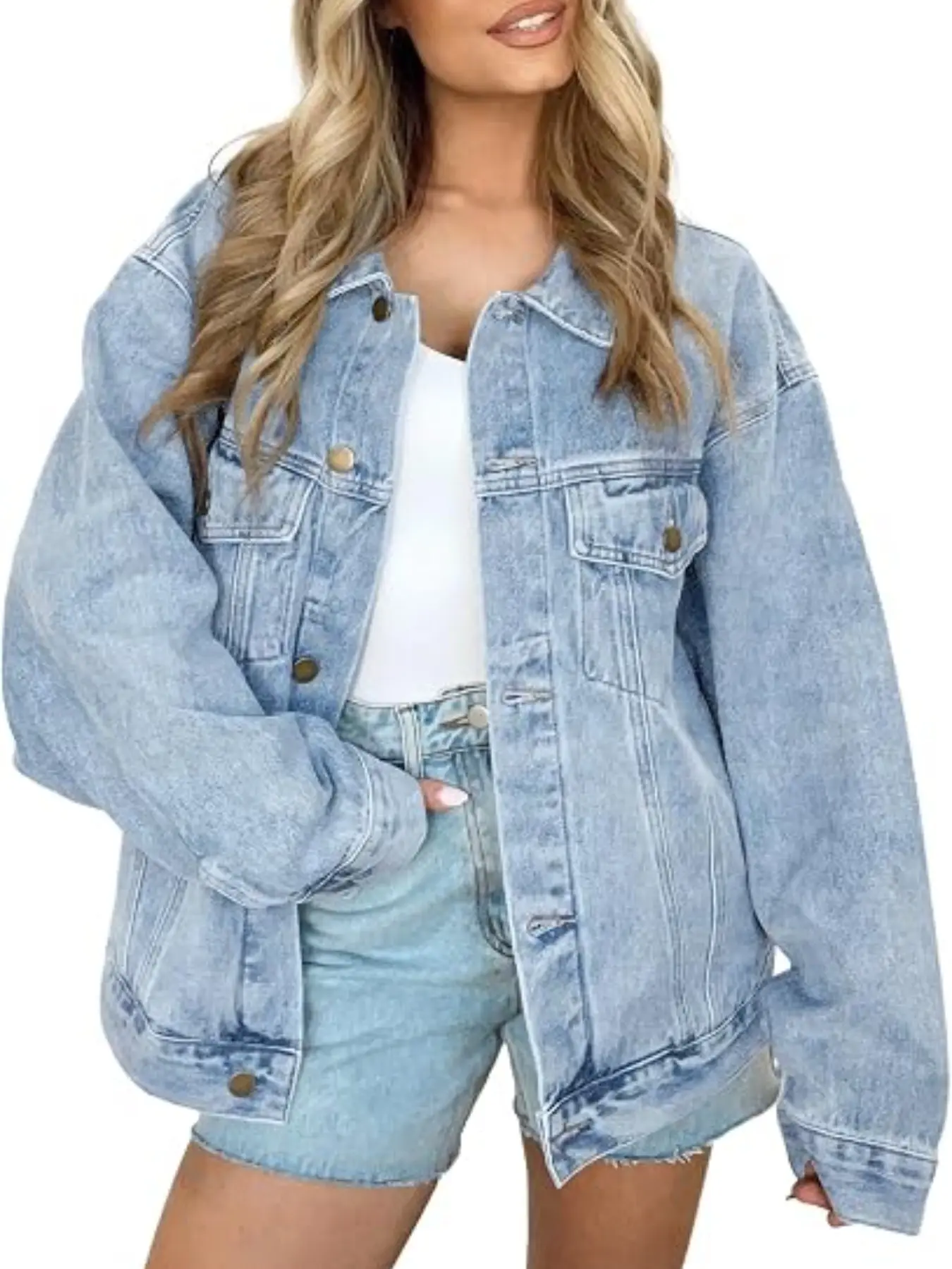 Women's Loose Fit Denim Jacket, Classic Button Front Design, Chest Pocket Detail, Casual Oversized Style, Perfect for Everyday Wear