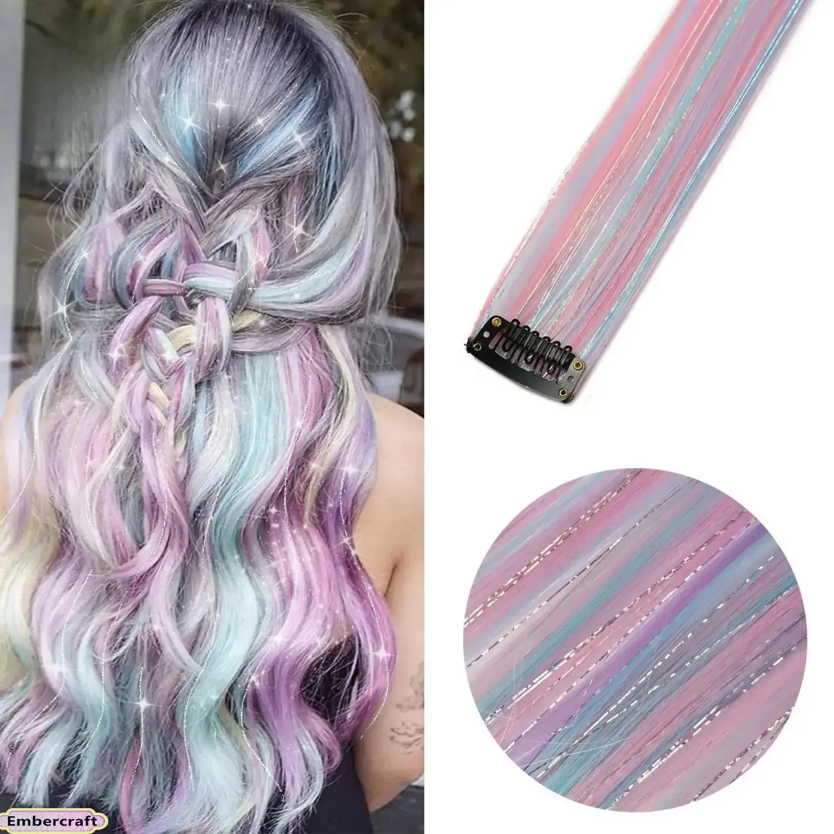 5-Piece Clip-in Tinsel Hair Extensions – Rainbow-Colored Tinsel Strands; Invisible, One-Piece Colored Extensions Perfect for Creating Highlight Effects