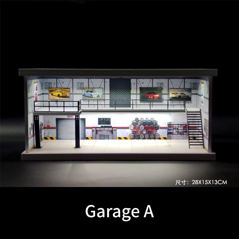 Diorama 1/64 Car Garage Model LED Lighting City Repair Workshop Two-storey Car Parking Lot Scene Display Model Collection Gift Toy