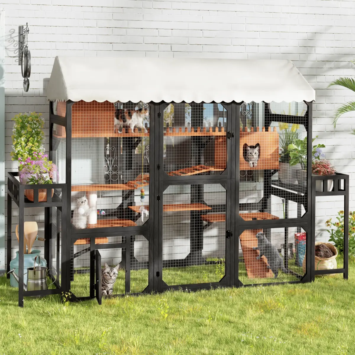 Large Outdoor Cat Enclosure Wooden Catio with 2 Plant Stands, Multi-Level Cat Playpen with Weather-Resistant Roof, Resting Box, Climbing Ramps & Wire Mesh for Backyard Patio, Black