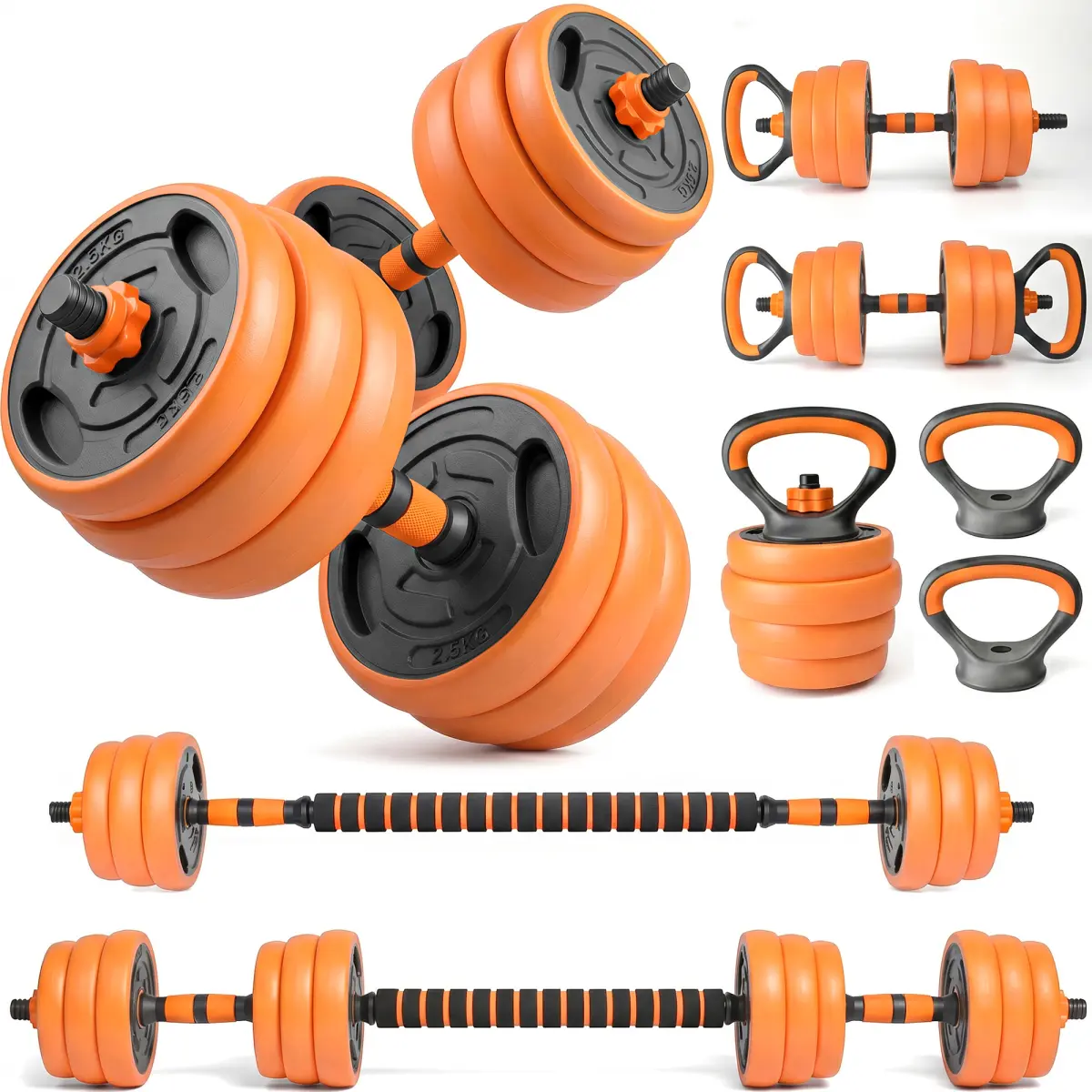 Aobtkel 66LB Adjustable Dumbbell Set - 4-in-1 Convertible Strength Training Equipment, Unisex Full Body Workout Gear (Dumbbell, Barbell, Kettlebell) for Home Gym, Easy Clean Convertible Sets, Compact Stack