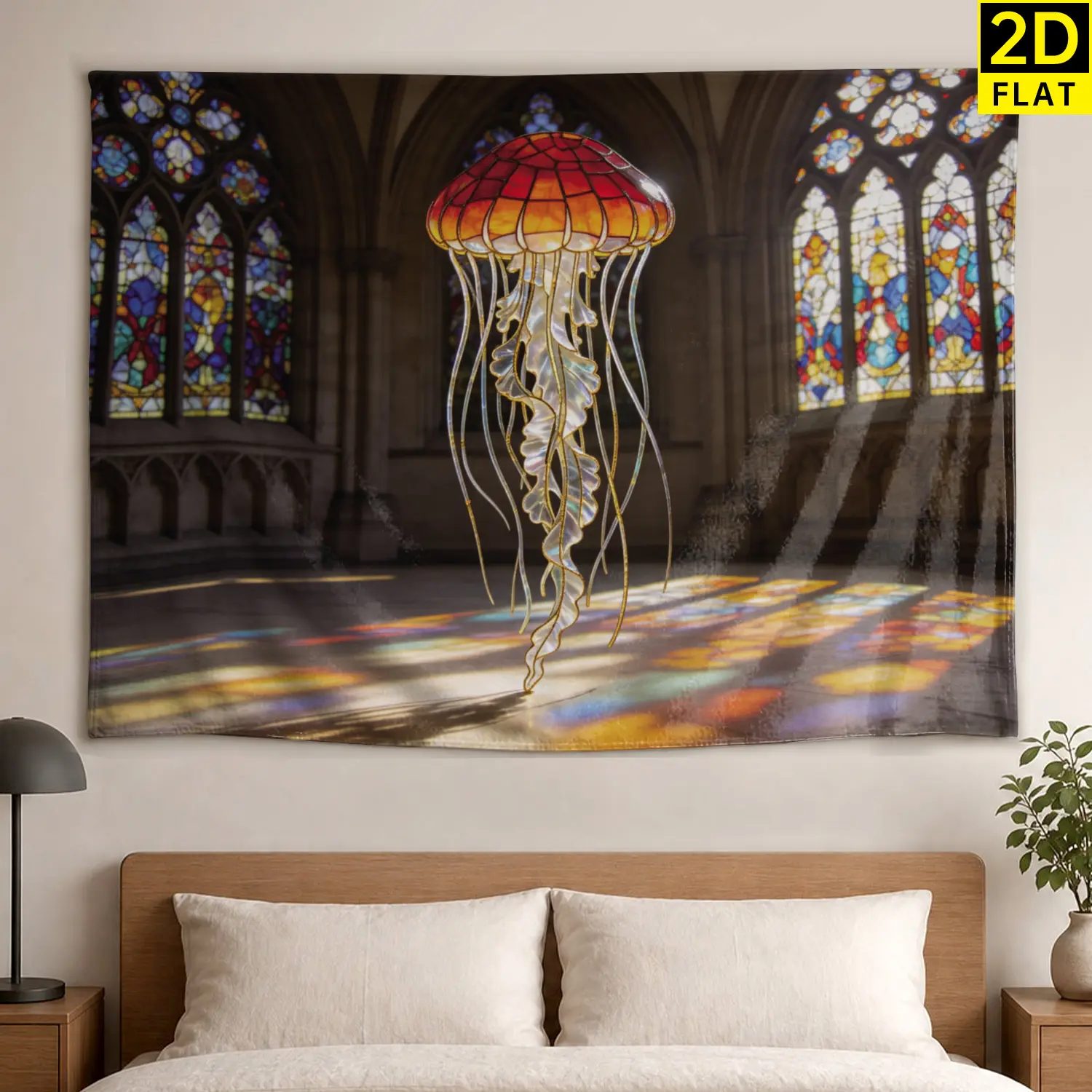 Stained Glass Jellyfish Artistic Wall tapestry,Large size Printed Horizontal Tapestry blanket,Polyester Fabric Wall Hanging for livingroom,bedroom,No Installation Required,Indoor,Outdoor,Gift for Family and Friends