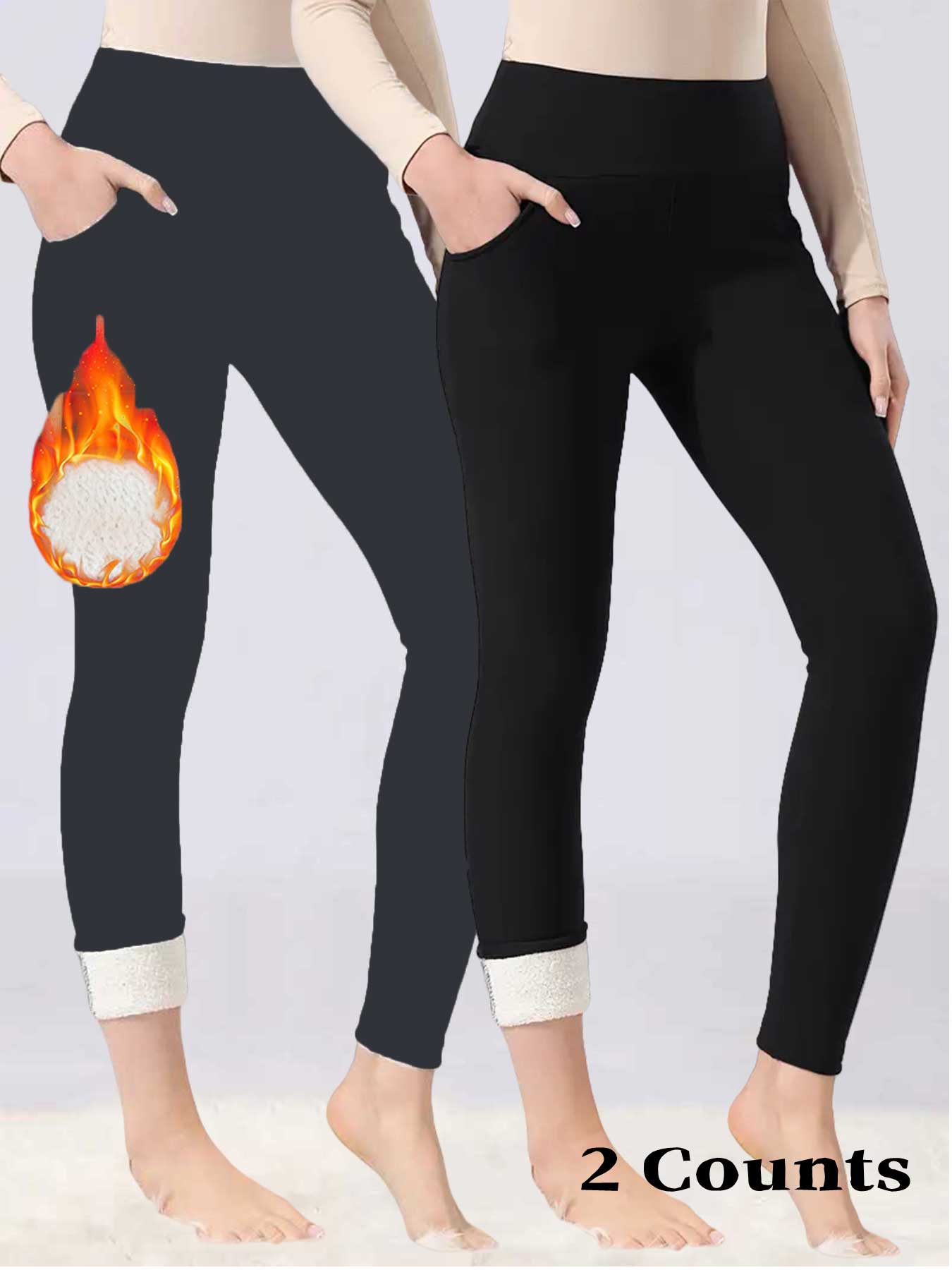 Women's Solid High-Waisted Thermal Lined Sports Leggings, Casual Comfy Warm Skinny Pants with Pocket for Yoga, Workout and Running, Ladies Sportswear for Fall & Winter