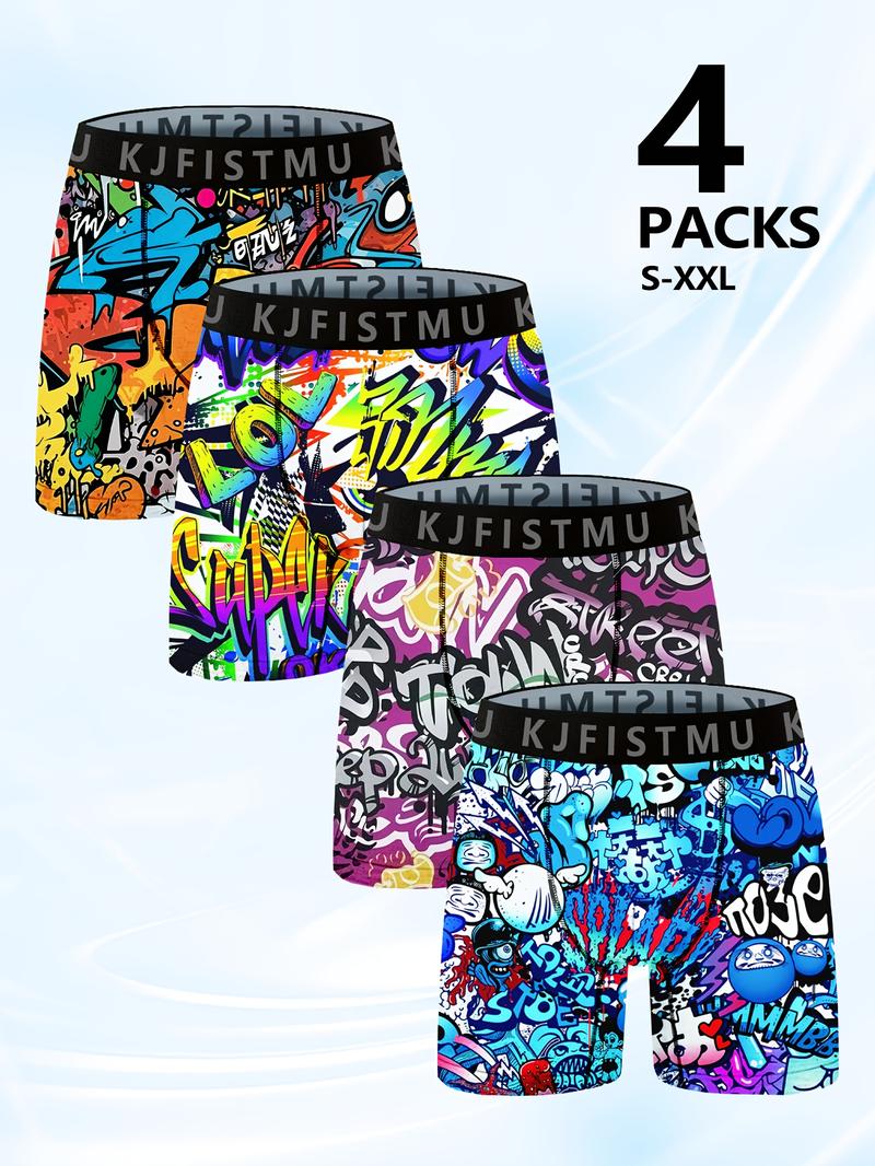 4pcs Men's Boxer Briefs Set with Cool Graffiti Patterns And Stretchy Material, Soft, Comfortable And Breathable, Suitable for Fitness And Daily Wear, Loose Boxers for Men,Lounge Wear, Activewear Essentials, Trendy Underwear, Urban Fashion, Soft Fabric