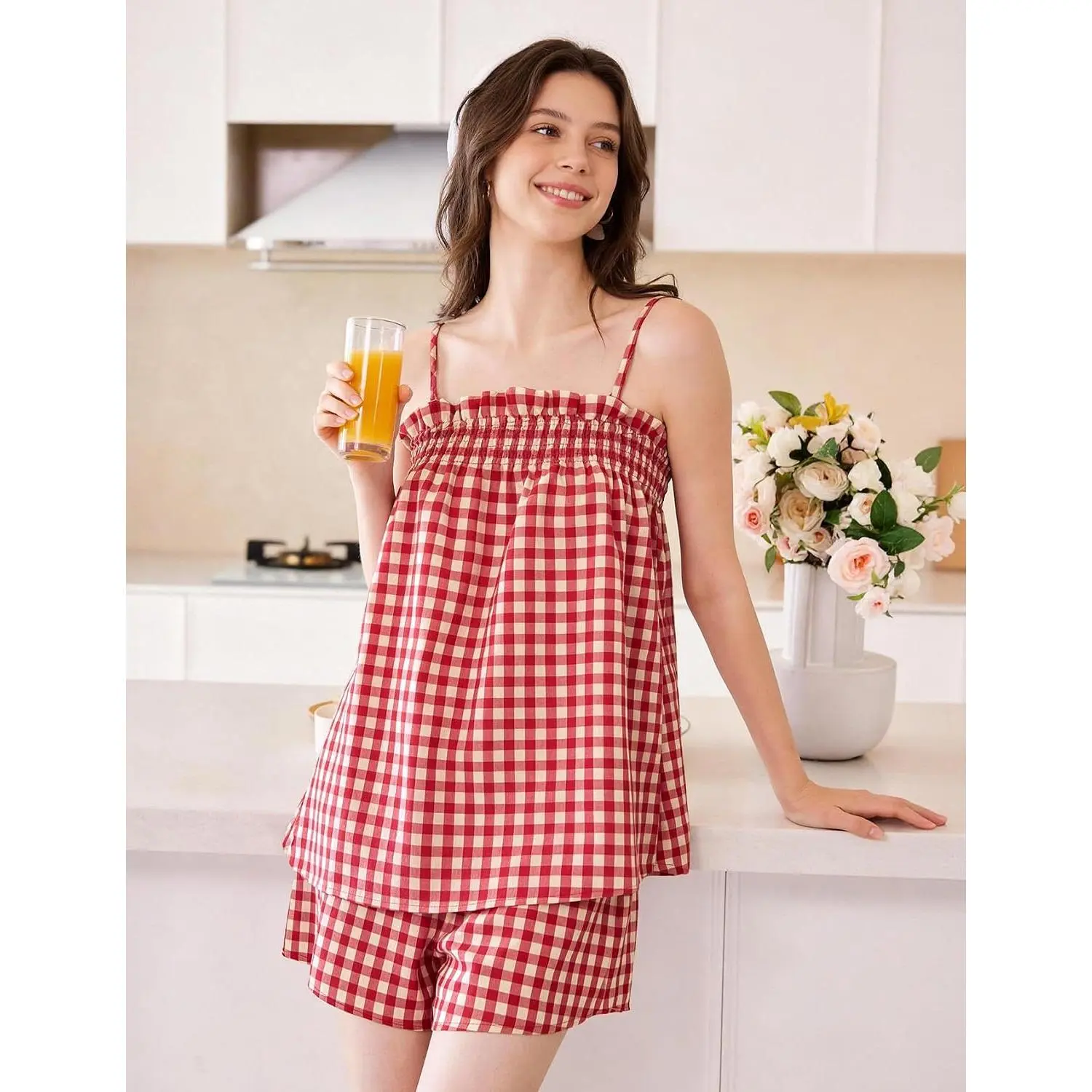Women Gingham Cami Pajama Set, Smocked Spaghetti Strap Tank Top With Elastic Waist Shorts, Casual Plaid Two‑Piece Loungewear Set With Side Pockets For Summer