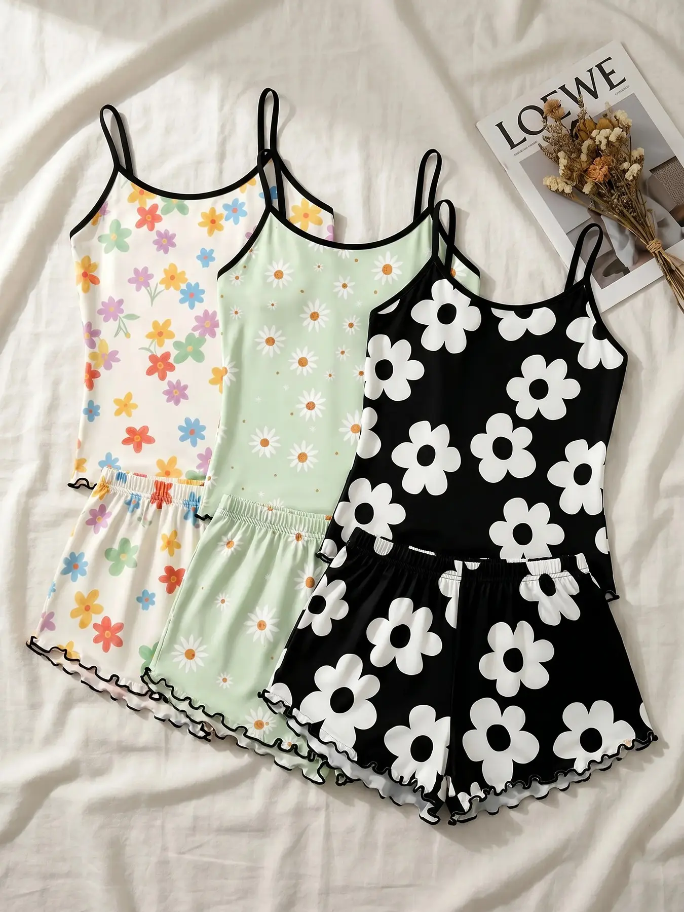 Women's 3 Pack Spaghetti Strap Cami Top and Shorts Pajama Set, Spring Summer Wear, Cozy Aesthetic Floral Print Ruffle Hem, Relaxed Soft Style, Comfort Sleepwear for Home Leisure