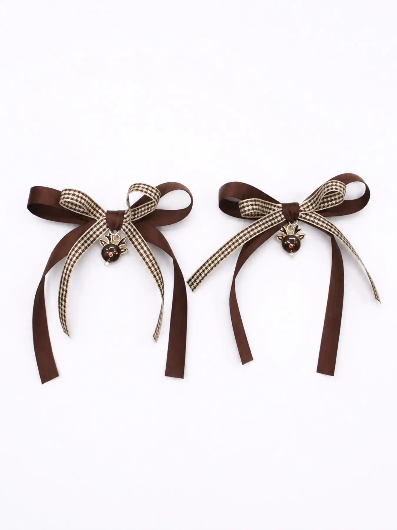 2PCS Brown Bow Hair Clips for Women, Plaid Ribbon Hair Bows with Cute Deer Charm, Long Tail Bow Barrettes, Coquette Hair Accessories, Vintage Preppy Hairstyle Decor