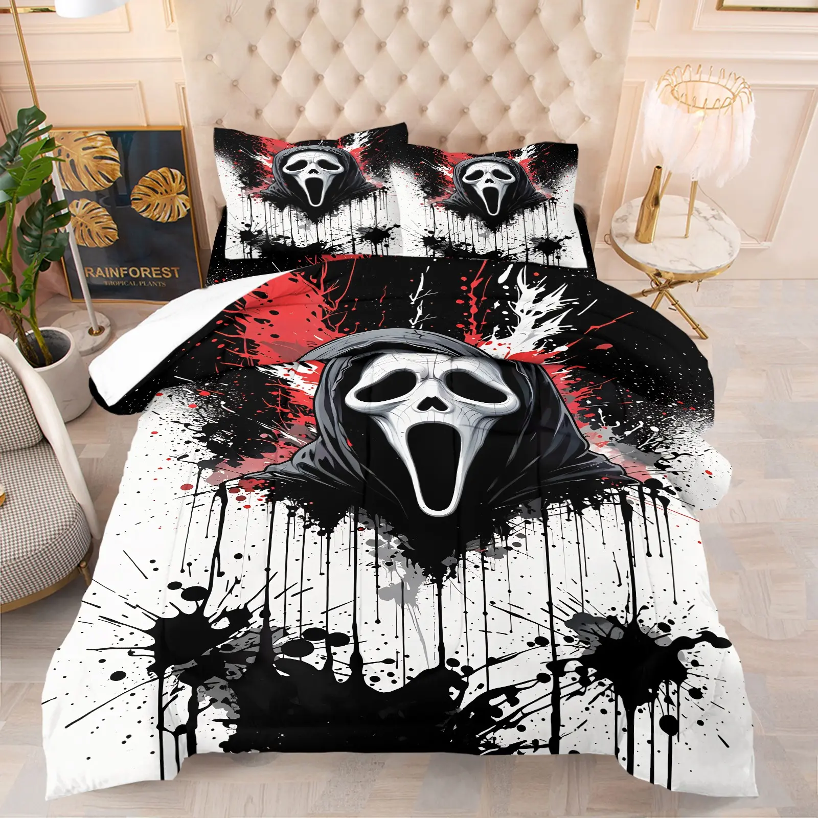 Ghost Mask Killer Ink Splatter Dark Comforter Set-Horror Subculture Bedding-Hooded White Ghost Face & Paint Splatter-Dark Style Bedroom and Boys Gaming Room Decor-1 Quilt + 1-2 Coreless Pillowcases