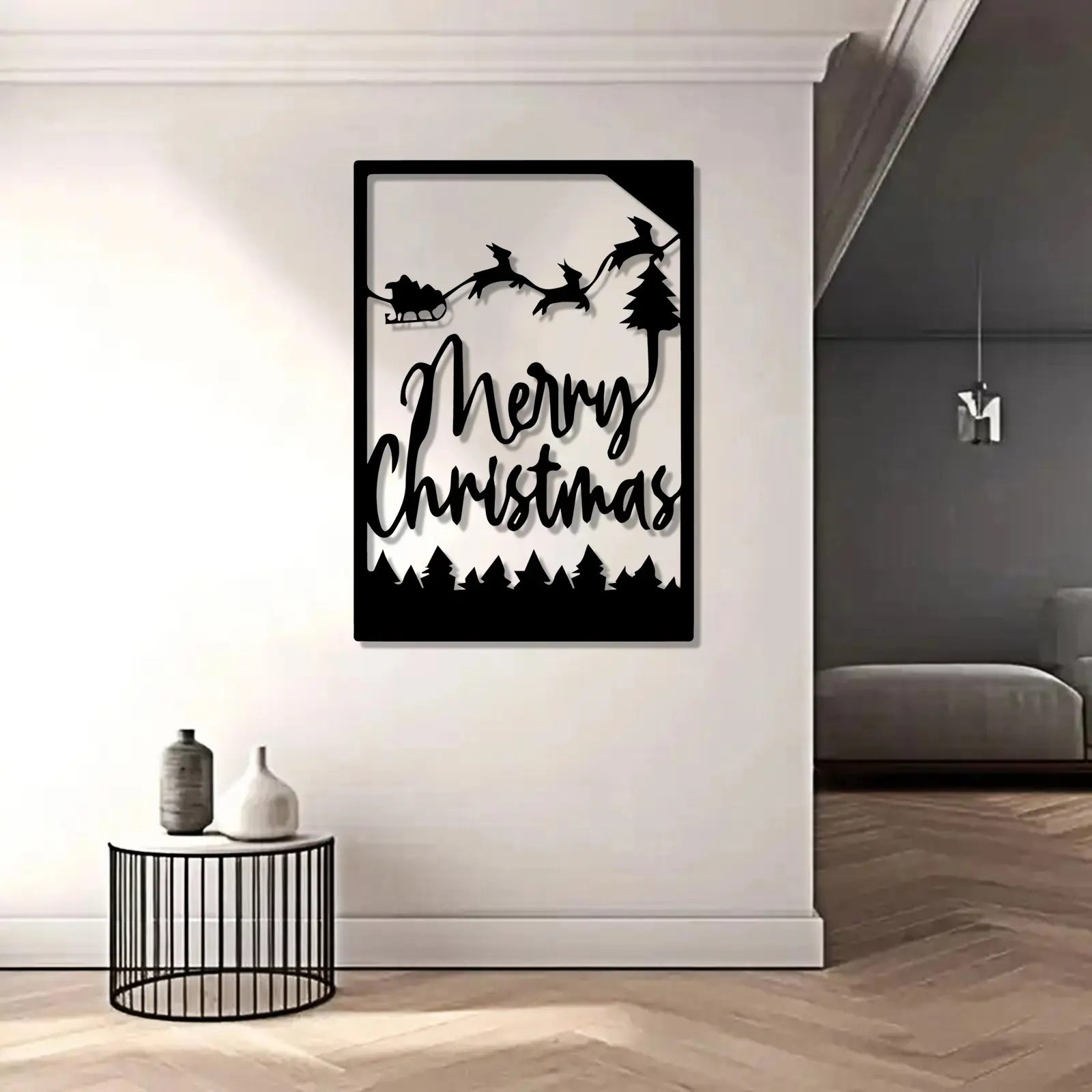 1 piece of rust proof iron Christmas wall decoration - retro black metal holiday decoration with Santa Claus sled, reindeer and snowman, suitable for indoor and outdoor Christmas party decoration