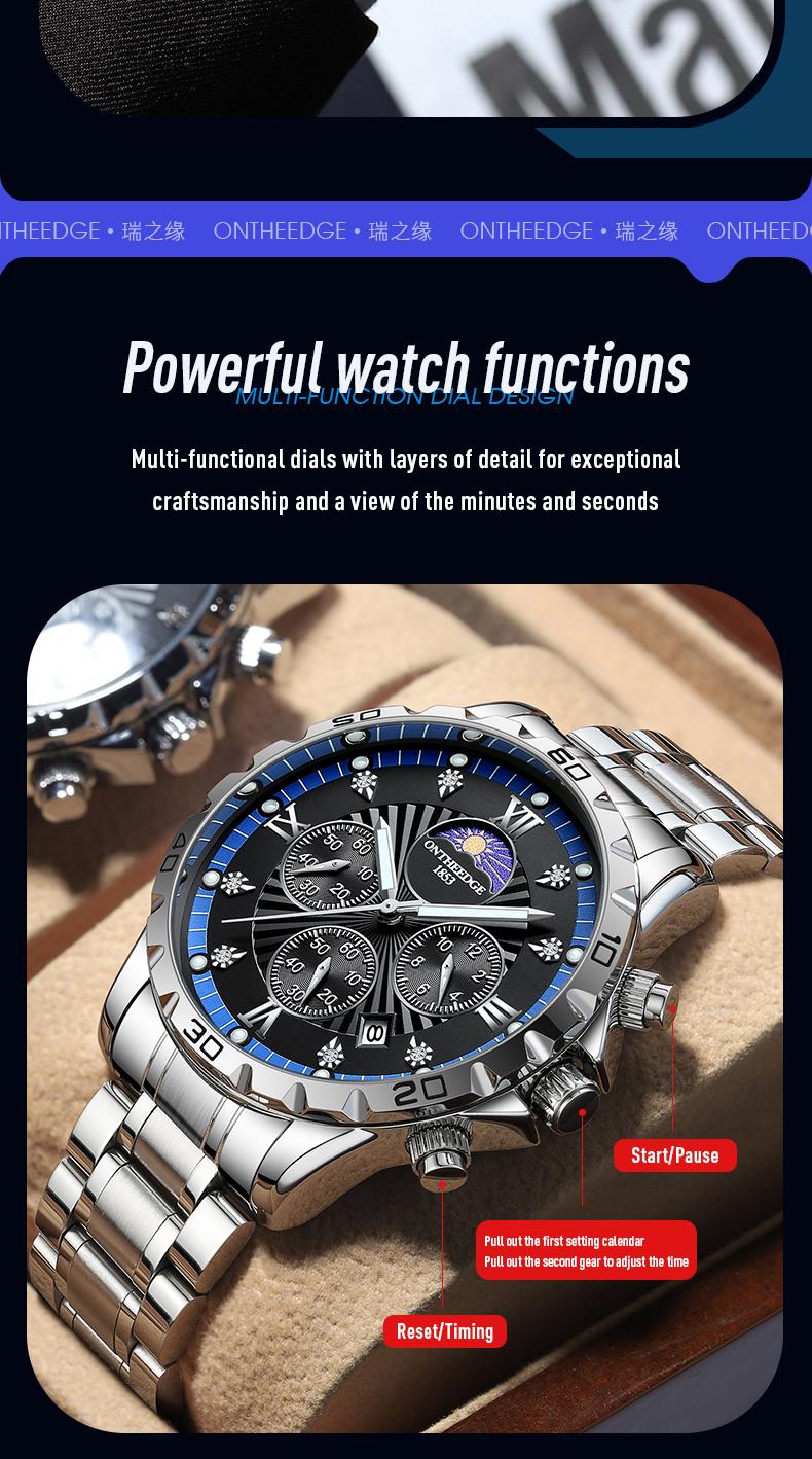 Men's Luxury Moon Phase Quartz Watch - Stainless Steel Wristwatch with Date, Chronograph Subdials, Diamond Markers, Luminous Hands, Classic Business Dress Watch for Men, Perfect Gift for Husband Dad