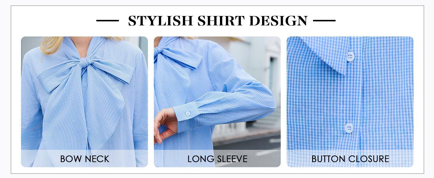 Imily Bela Womens Plaid Shirts Bow Tied Neck Button Down Long Sleeve Casual Dressy Blouse Tops Womenswear Chic