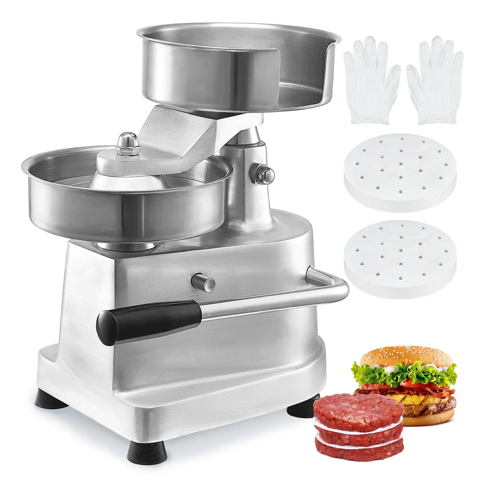 【toolupgrade】Commercial Round Patty Press, 150mm/6in Lightweight Aluminium Burger Maker with Heavy-Duty Food-Grade Stainless Steel Bowl, High-Speed Outdoor Kitchen Meat Forming Processor + 1000 Patty Papers