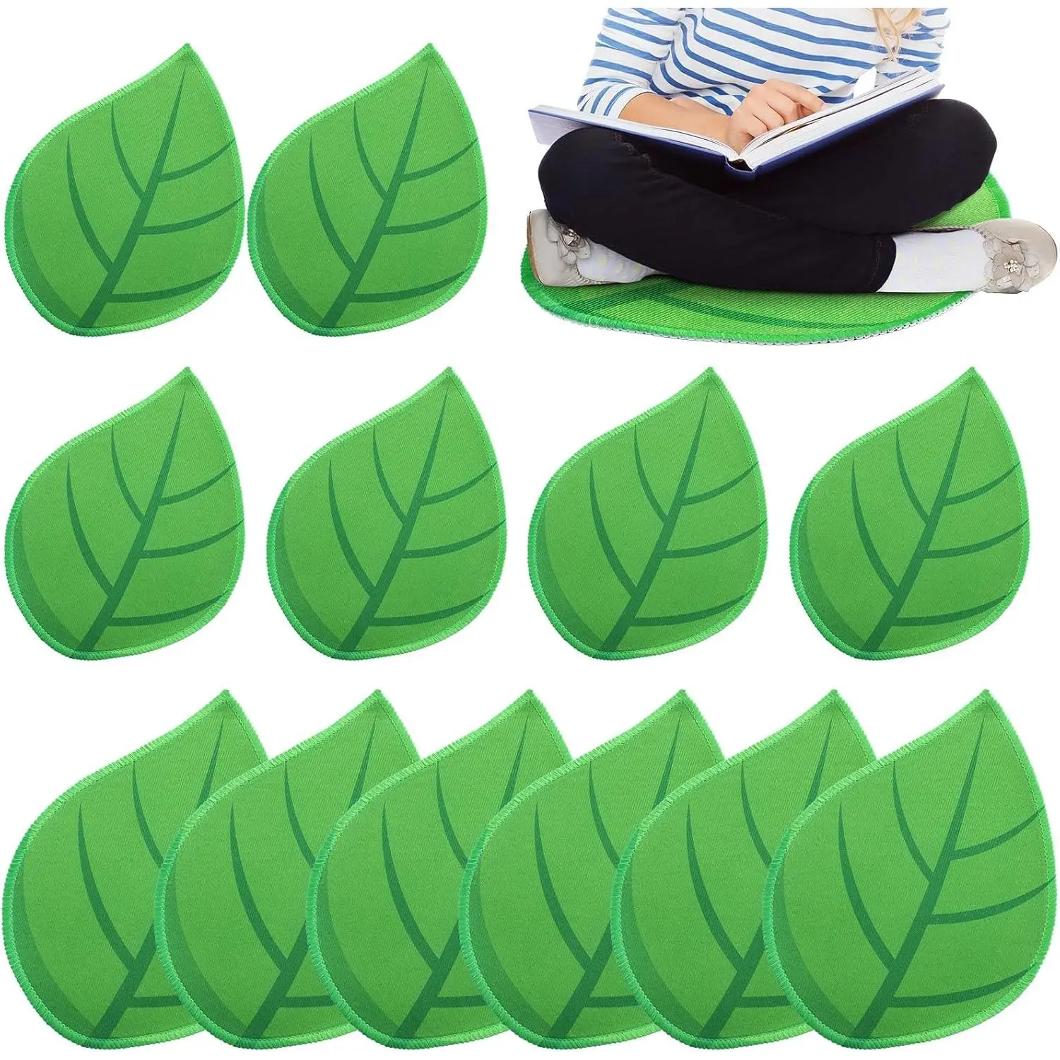 12 Pcs Green Leaf Carpet for Classroom Sitting, 16 Inch Non Slip