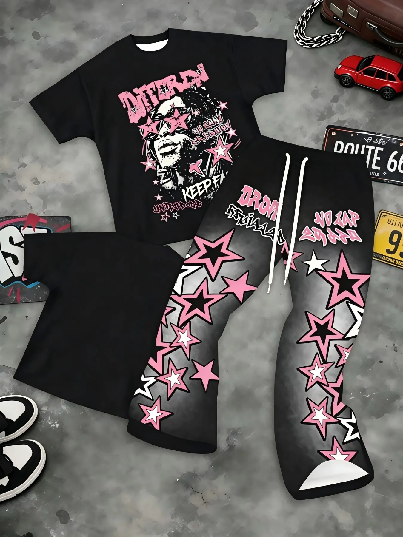 Distorted Figure Letter Matching Set, Breathable Loose Short Sleeve Tee Print Multi Star Flare Bell Pants, Comfort Slim Skate Casual Outfit, Trending Dark Urban Hip Hop Apparel