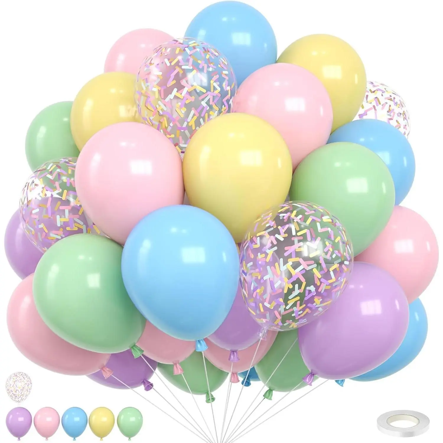 Pastel Balloons,12 Inch Macaron Pink Blue Purple Green Yellow Ice Cream Confetti Balloons with Ribbon,for Birthday Baby Shower Wedding Ice Cream Party Decorations