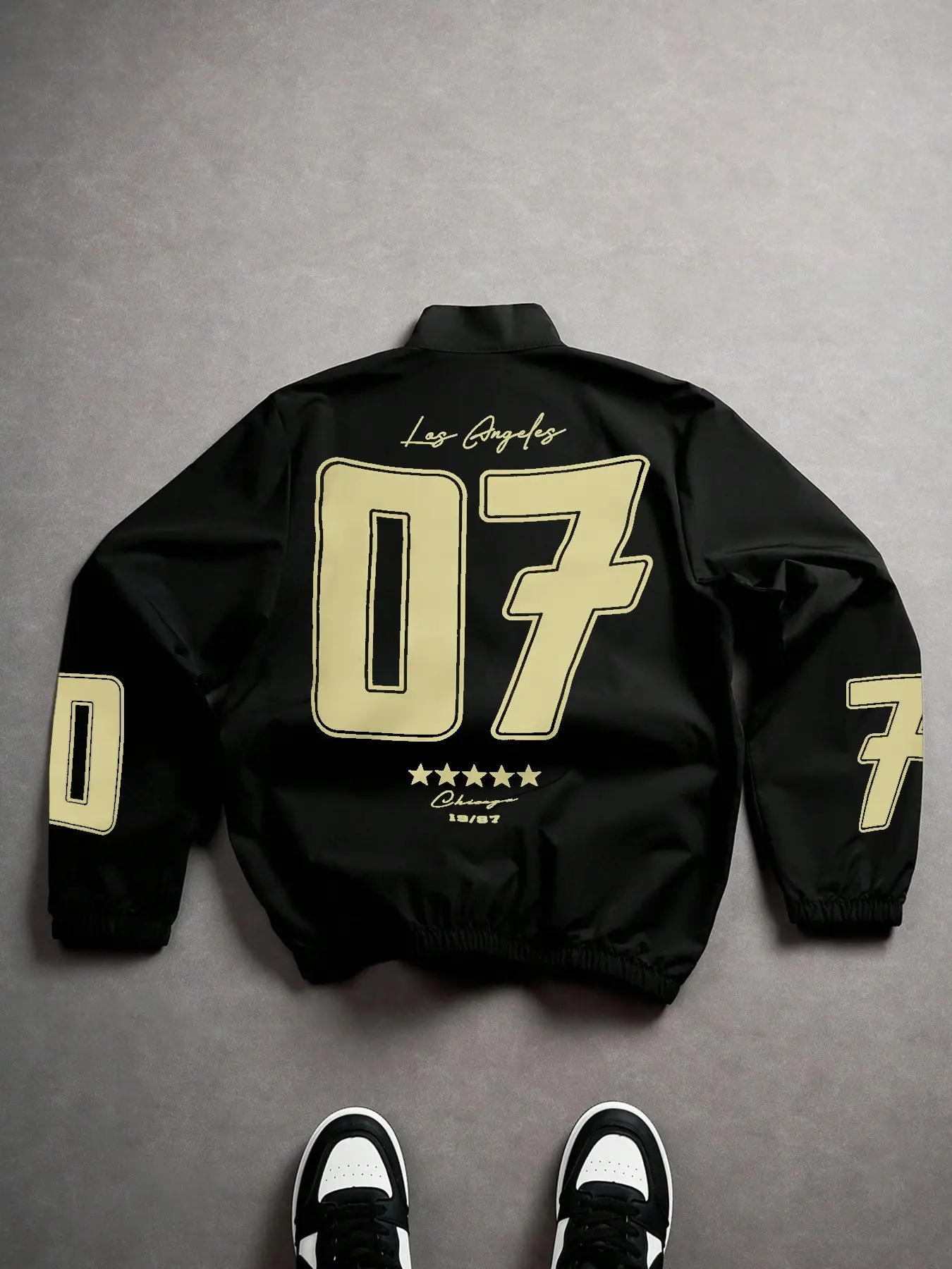 Men's Black Los Angeles Zip-Up Jacket with 07 Number Back Print and Star Details, Vintage Sportswear with Sleeve Numbers for Casual Street Style and Daily Wear, Athletic Jackets, Athlete Jackets, Athletic Outerwear, Sporty Jacket
