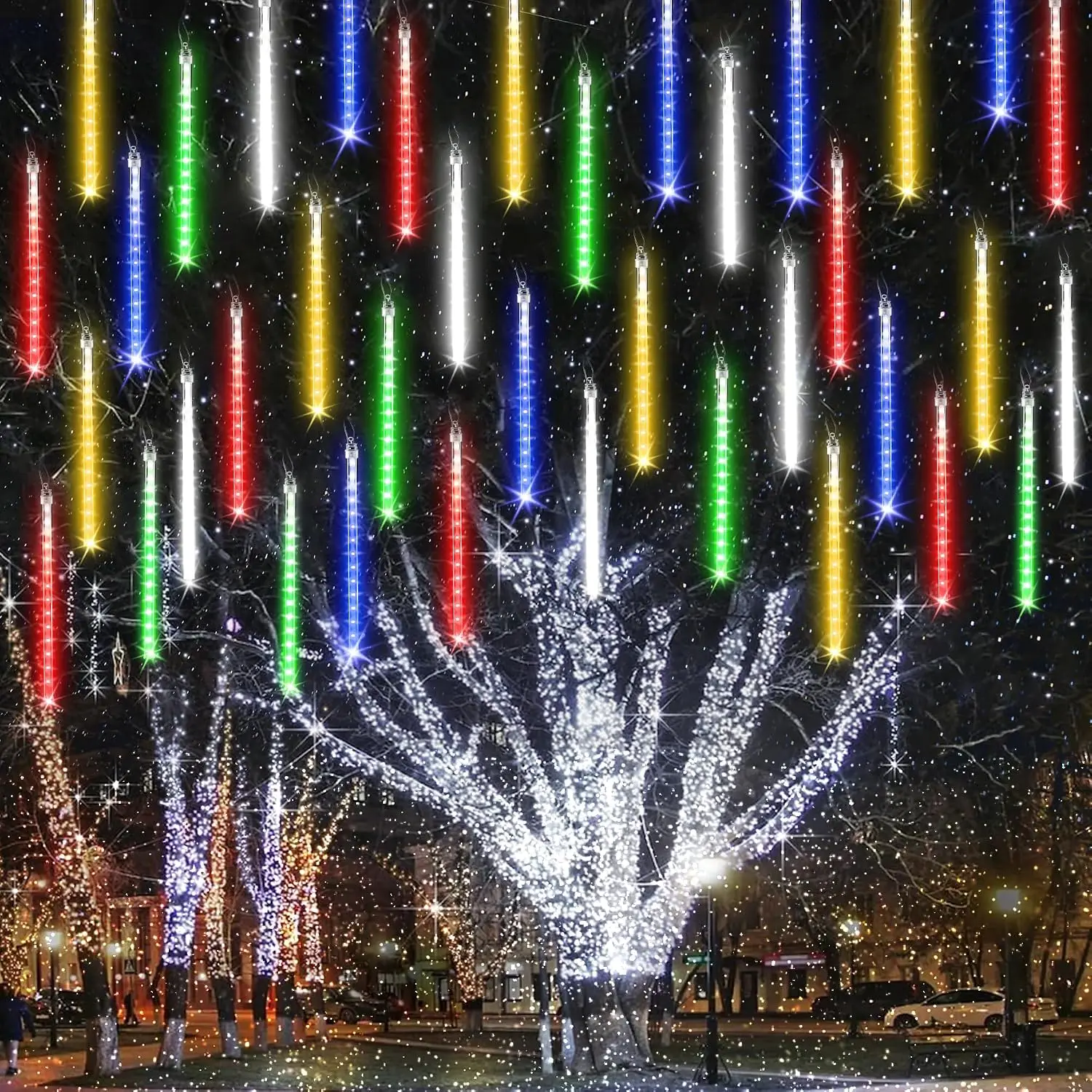 Christmas Lights Outdoor 11.8 inch 10 Tubes Meteor Shower Lights | 240LED Icicle Lights Cascading Light with Timer  and Connectable for Christmas Decoration (Multicolor)
