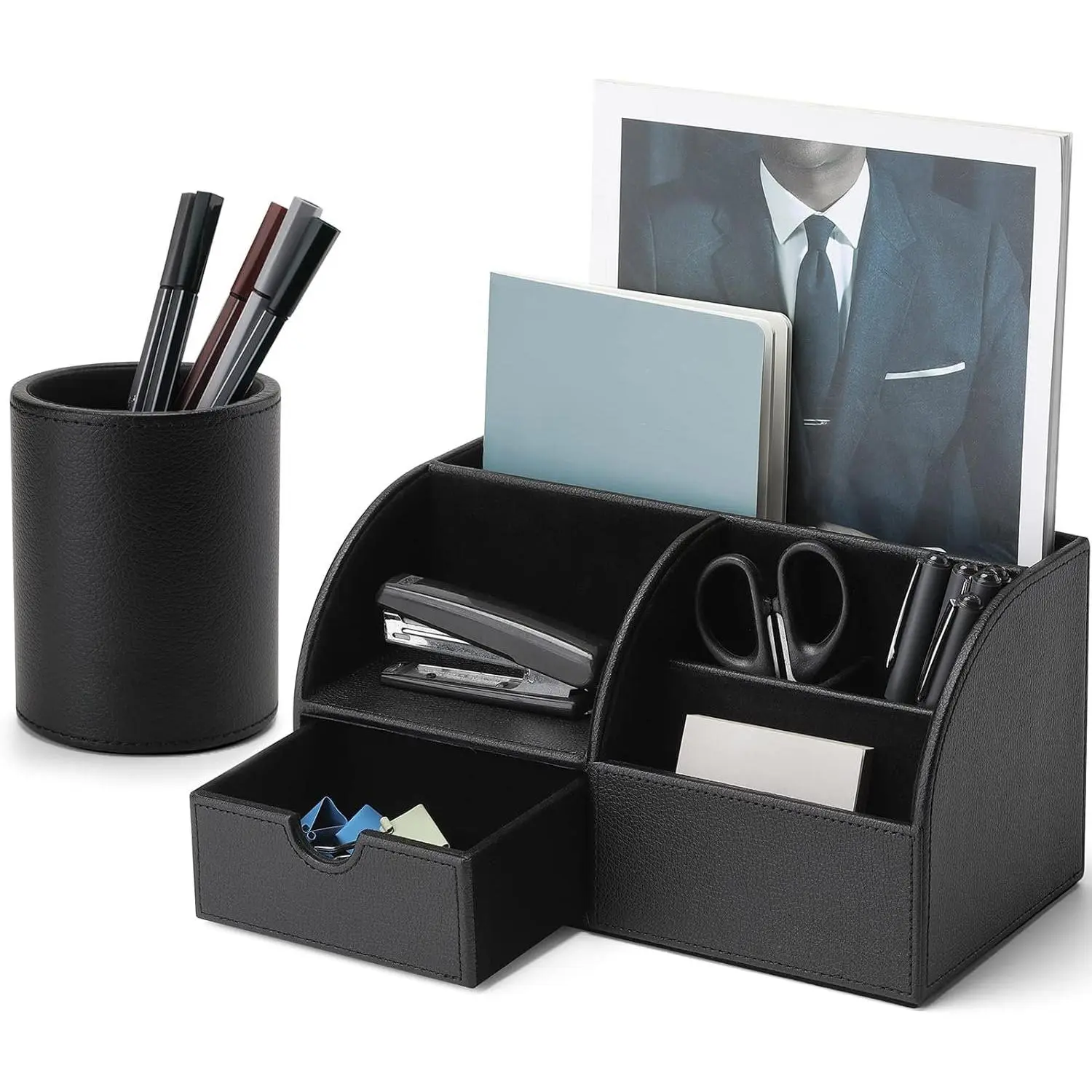 Office Desk Organizer Leather Desktop Organizer  with Drawer for Storing Desktop Supplies and Accessories (Black Set)