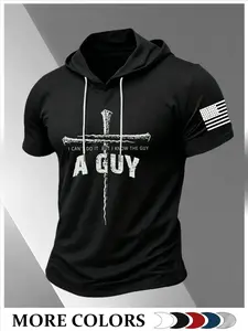 Men Drawstring Hooded Short Sleeve T-Shirt Distressed Nail Cross I Can't Do It But I Know The Guy Christian Faith USA Flag Graphic Breathable Patriotic Religious Streetwear Basic Top Multiple Colors