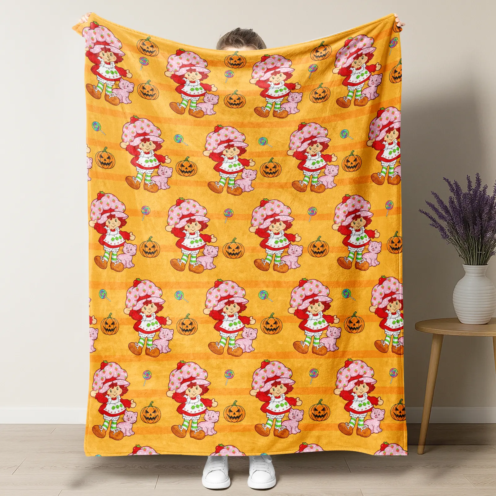 Orange Striped Strawberry Girl Halloween Throw Blanket, Jack O Lantern Pink Cat Lollipop Print Flannel Blanket, Cute Fall Cozy Blanket For Sofa Bedroom Decor