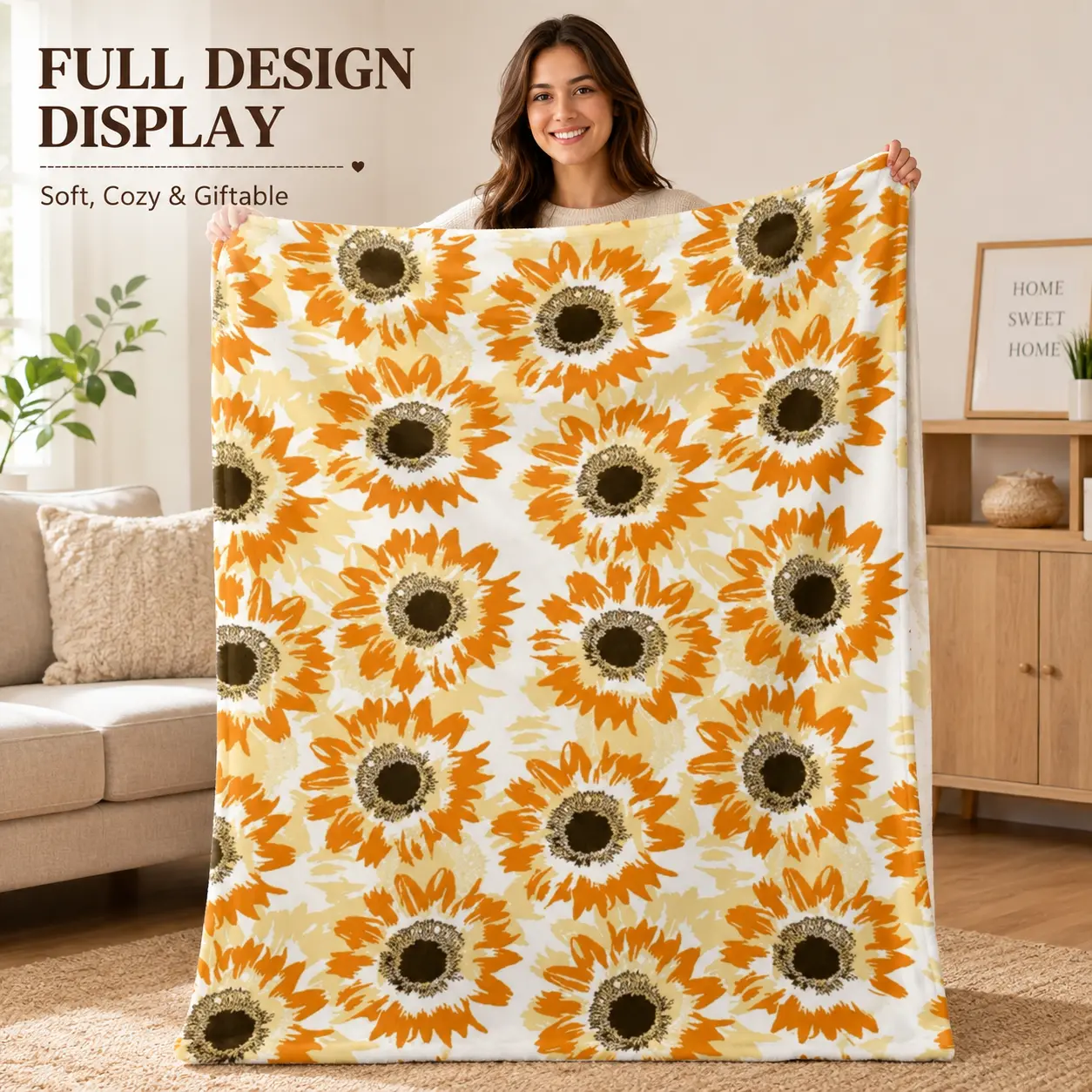 Unisex Abstract Sunflower Print Flannel Accent Throw Blanket - Ultra Soft Brushed Fleece, Modern Home Artistic Look, Gold-Yellow-Brown Accent, Cozy for Relaxing Nights