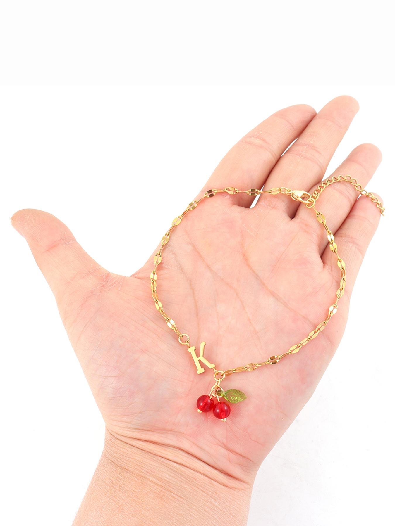 Cherry & Letter Design Anklet for Women, Fashion Vintage Stainless Steel Lip Chain Anklet for Women & Girls, Trendy All-match & Exquisite Jewelry for Birthday Gift