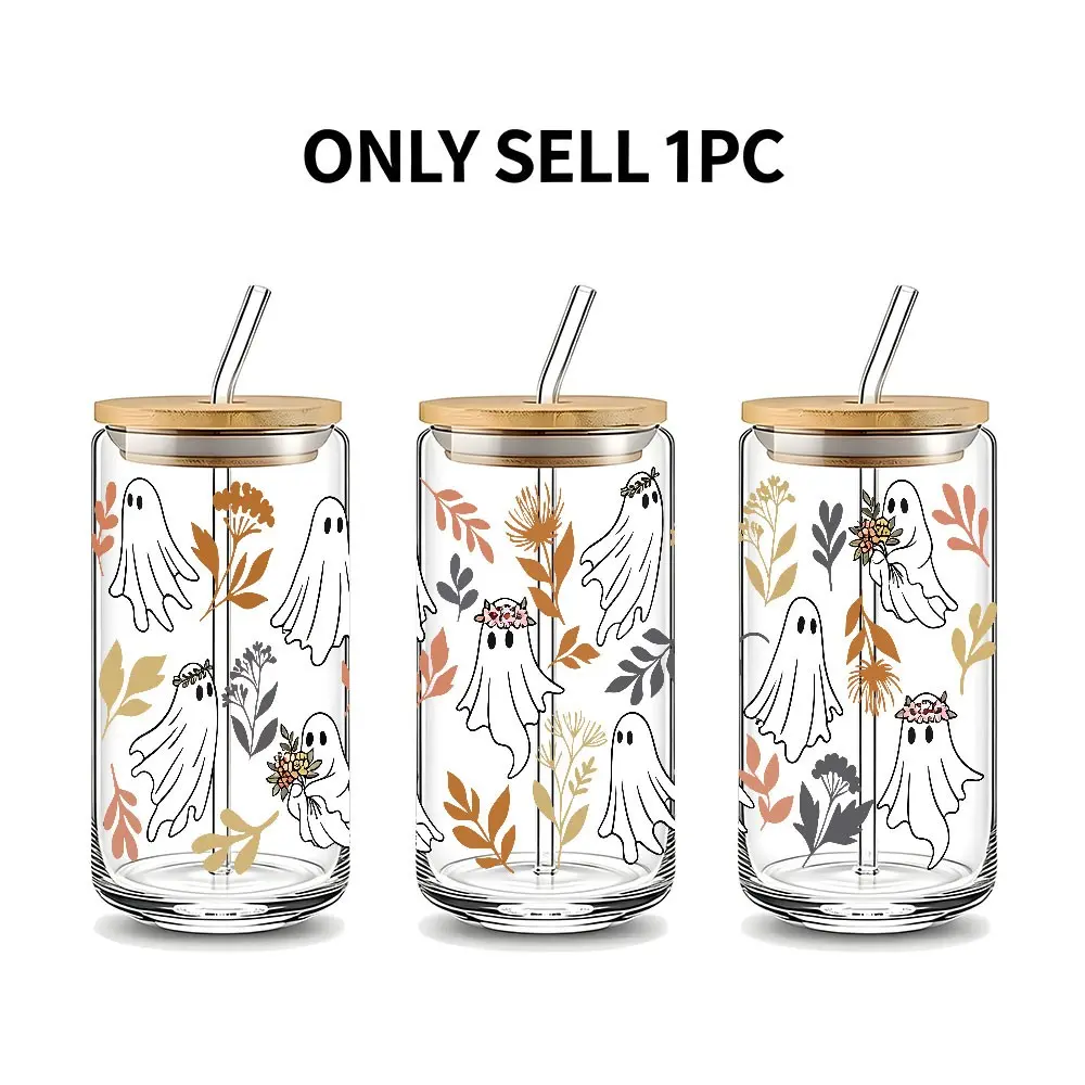 Boho Floral Ghost Halloween Theme 16oz Glass Can Cup with Lid and Straw, Reusable Glass Drinking Cup, High-Quality Glass Jar for Iced Coffee, Hot Chocolate, Juice, Cold Drinks, Neutral Fall Style Glassware,Perfect Gift for Halloween Lovers,Friend, Family