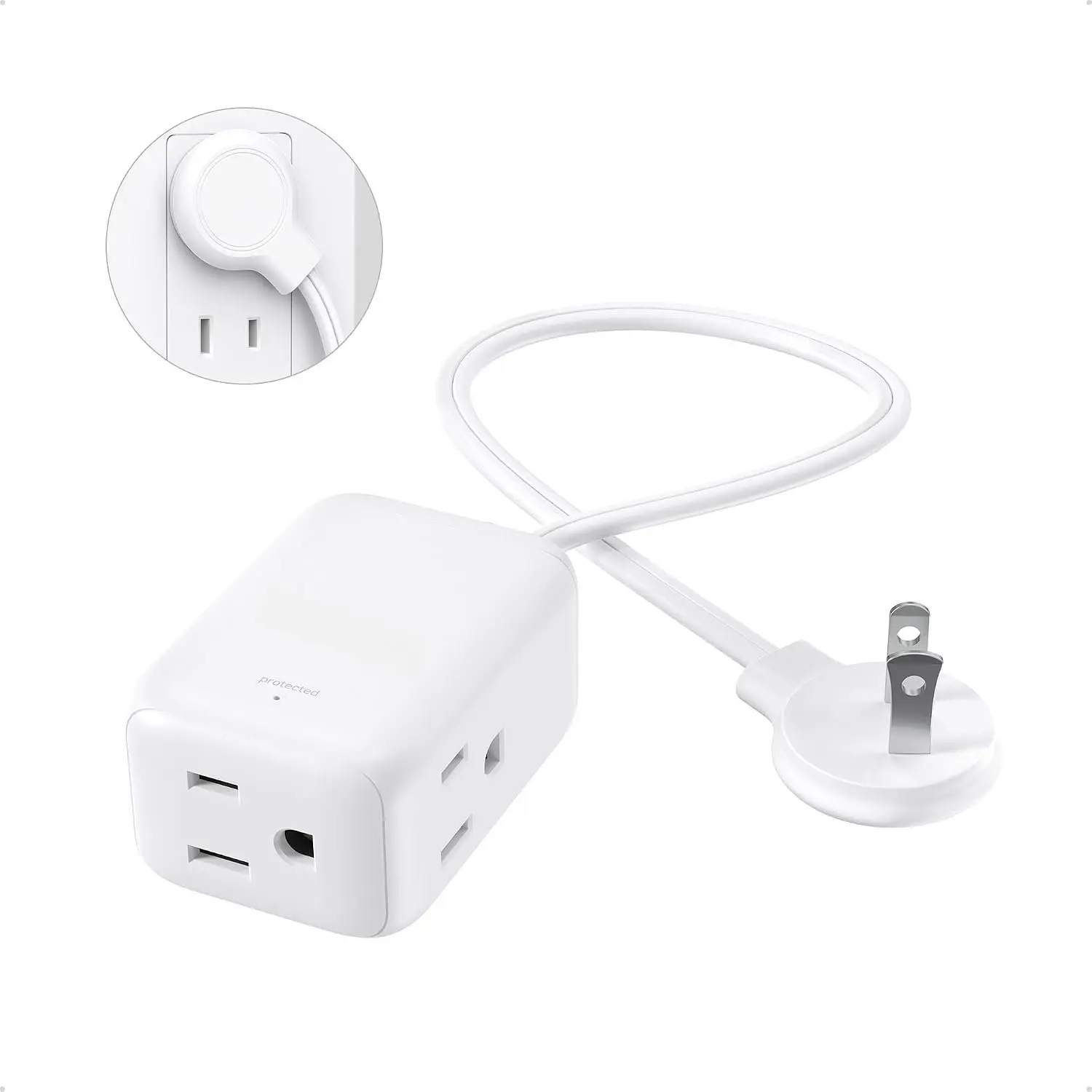 2 Prong to 3 Prong Extension Cord with 3 Outlets, 3ft Short Polarized Flat Wall Plug 2 Prong, 13A/1625W, Ideal for Non-Grounded Outlets in Old House Kitchen Bathroom Tight Spaces, White