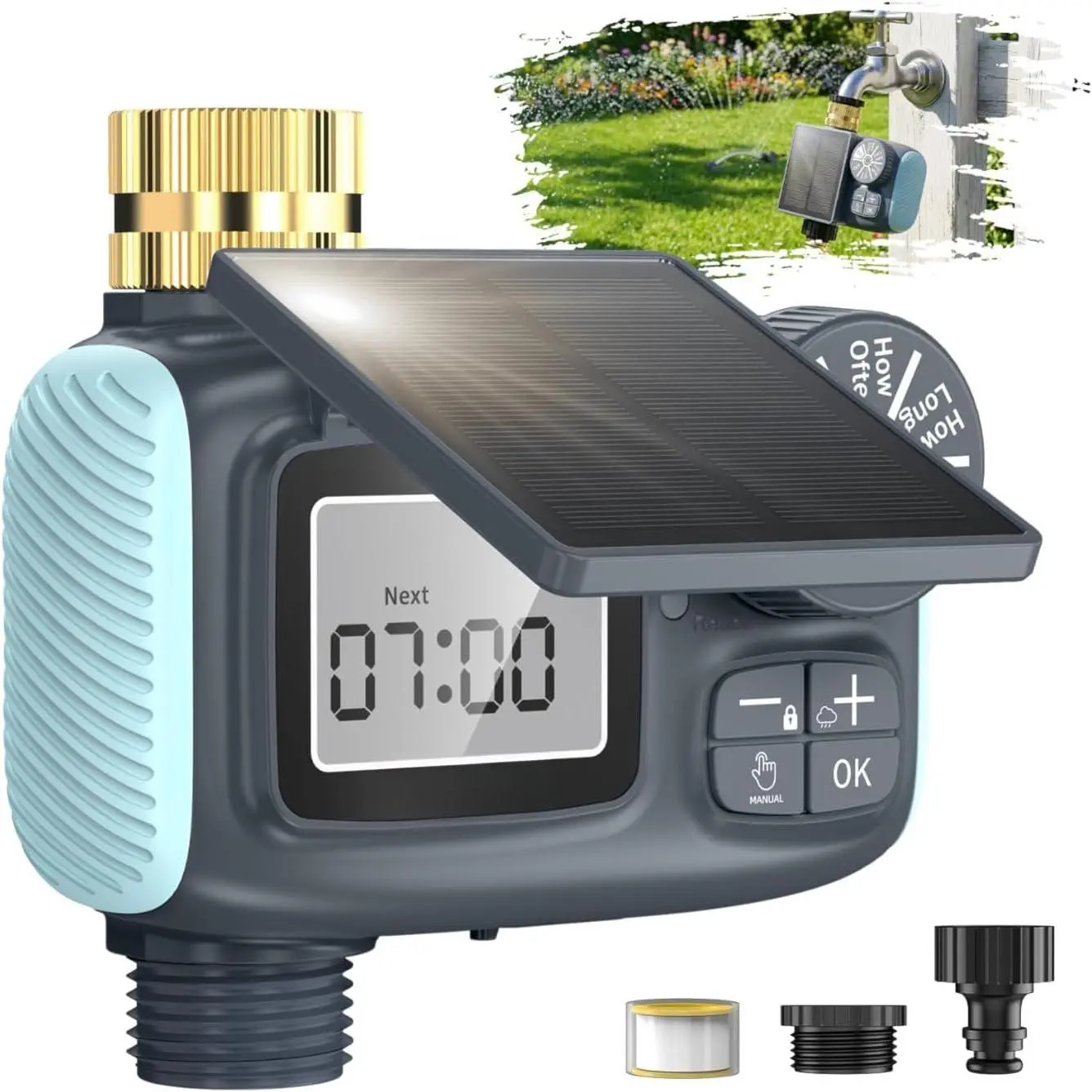 Solar Type-C Rechargeable Sprinkler Water Timer for Garden Hose Lawn | Programmable Intelligent Automatic Faucet System with Rain Delay and Manual Mode, Digital Irrigation Controller for Yard Pool