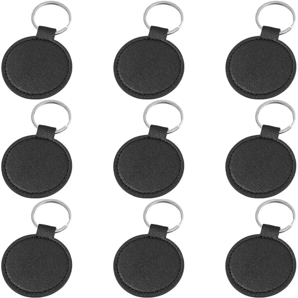 10 count PU Leather  Blanks Black Double Side Leather  Kits with Key Rings Round Sublimation Key Fob Holder Heat Transfer Keyring Bulk for DIY Craft Making Birthday