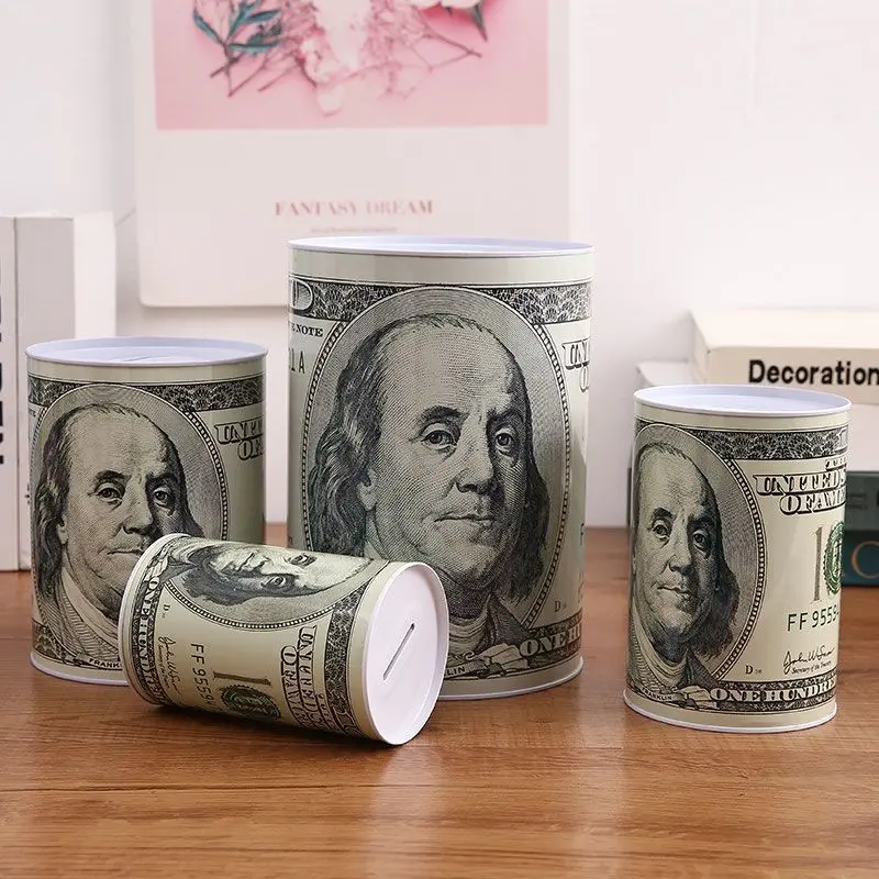 1pcs Round Metal Coin Bank, Dollar Euro Pattern, Single Direction Coin Slot, Money Saving Box, Decorative Storage Container