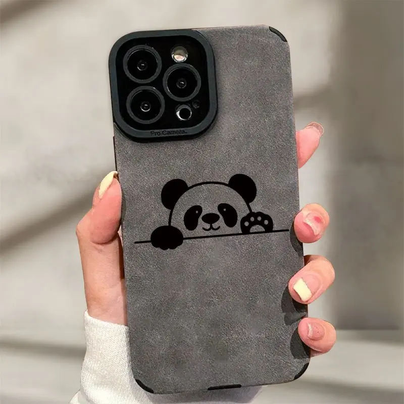 Cute Peeking Panda Line Art Phone Case for iPhone 17 16 15 14 13 12 11 XS Max, Grey Faux Suede Leather Soft TPU Shockproof Cartoon Animal Protective Cover