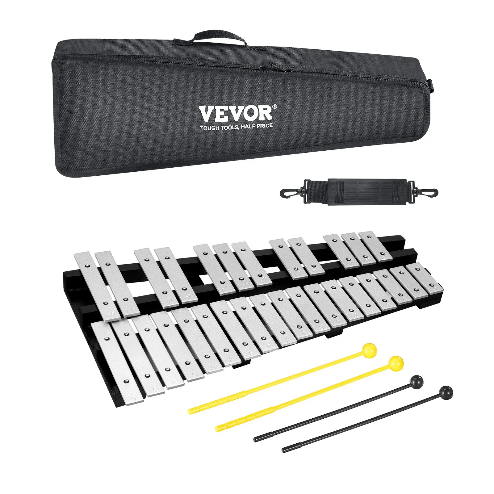 VEVOR 30-Note Glockenspiel Bell Kit with Natural Wood Bell Bars, Mallets, Drum Sticks & Carrying Bag, Professional Percussion Instrument Set for Students