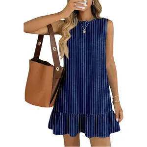 MakeMeChic Women's Summer Striped Tank Dress Sleeveless Ruffle Beach Vacation Mini Dresses