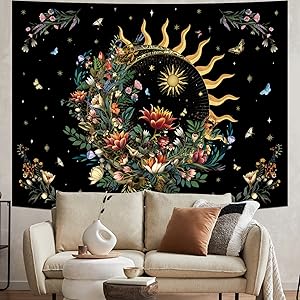 Floral Plants Tapestry Sun and Moon Tapestry Retro Botanical Flowers Butterfly Tapestry Black Starry Sky Wall Tapestry Vintage Boho Aesthetic Tapestry Wall Hanging for Bedroom