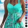Women's Plants Print V Neck Swimdress & Tankini Set, Casual Sleeveless Swim Dress & Swim Top Two-piece Swimsuit for Beach Holiday Vacation, Ladies Swimwear, Swimwear Sets