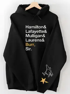 Unisex Hamilton 'Burr, Sir.' Oversized Drop Shoulder Hoodie, Hooded Sweatshirts, Character Names & Sleeve Signature Star Graphic Sweatshirt, Comfortable Casual Wear for Daily & Theatre Outings, Unique Gift for Hamilton Fans & Broadway Musical Lovers