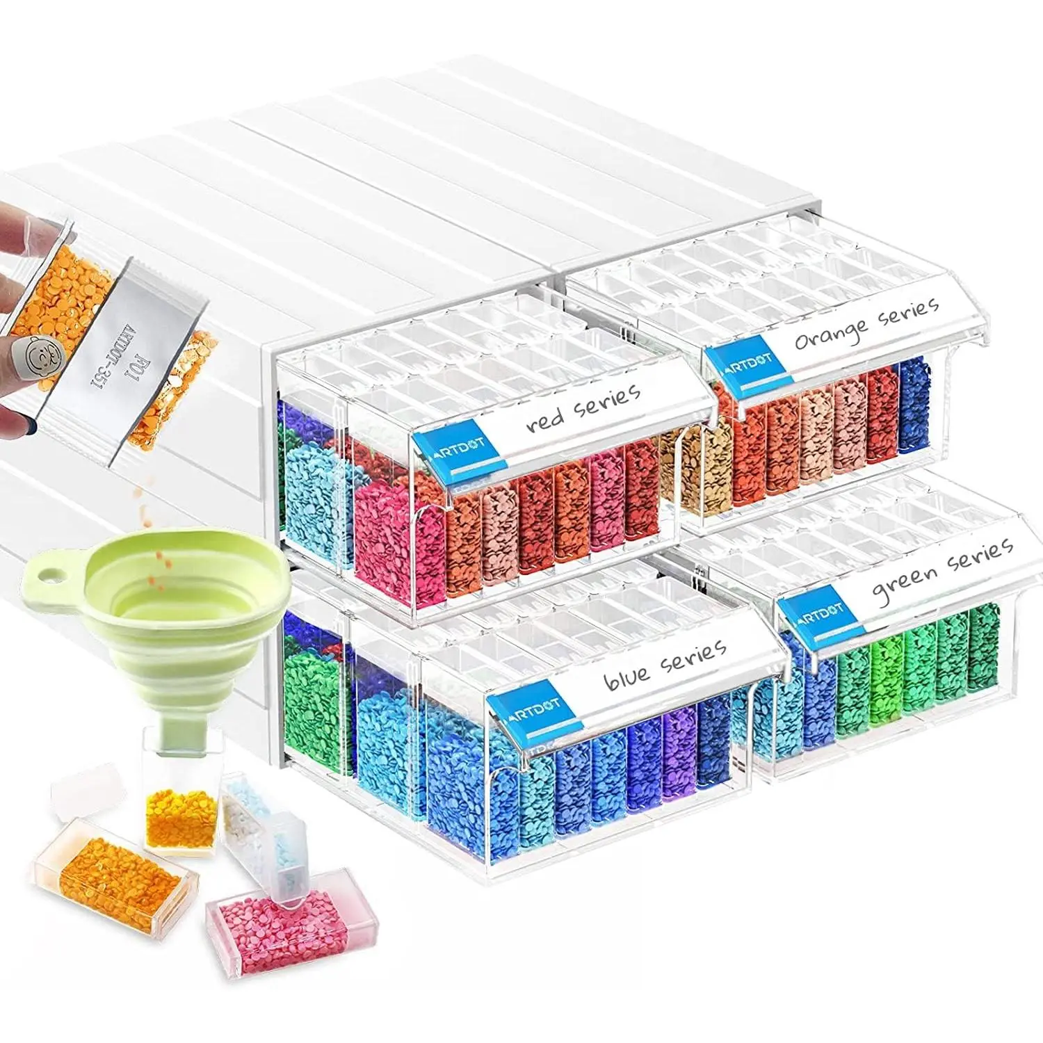 Diamond Painting Storage Box - 4-Pack Stackable Crafting Bead Organizer with 140 Individual Drawers, Accessories & Tools, Mounted on Walls for Any Space, Ideal Christmas Gift for Clutter-Free Compact Desktops